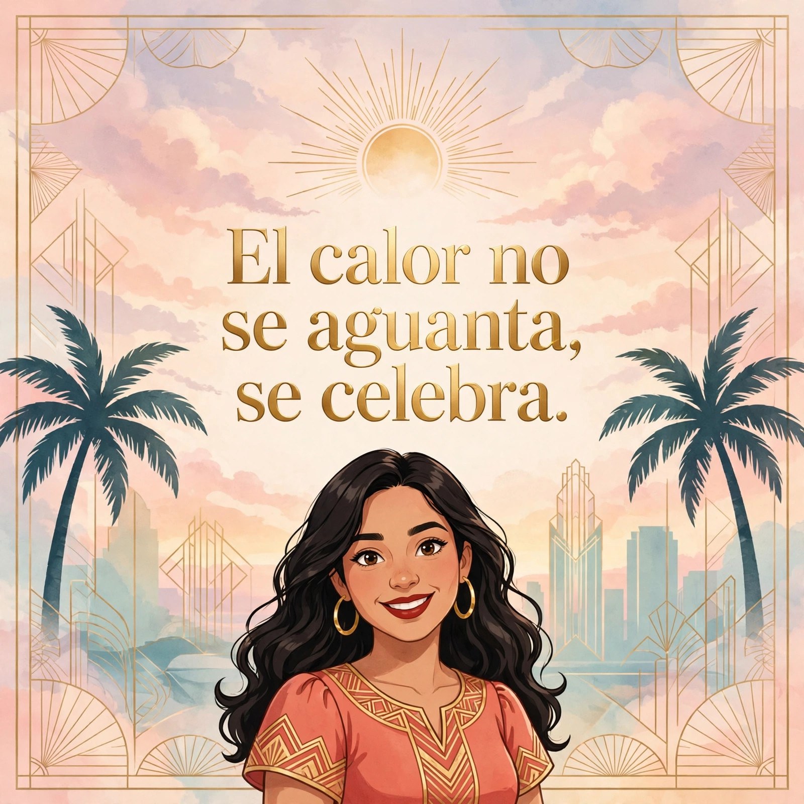 Shareable quote card: Maria Reyes beside the baked-in text 'El calor no se aguanta, se celebra.'