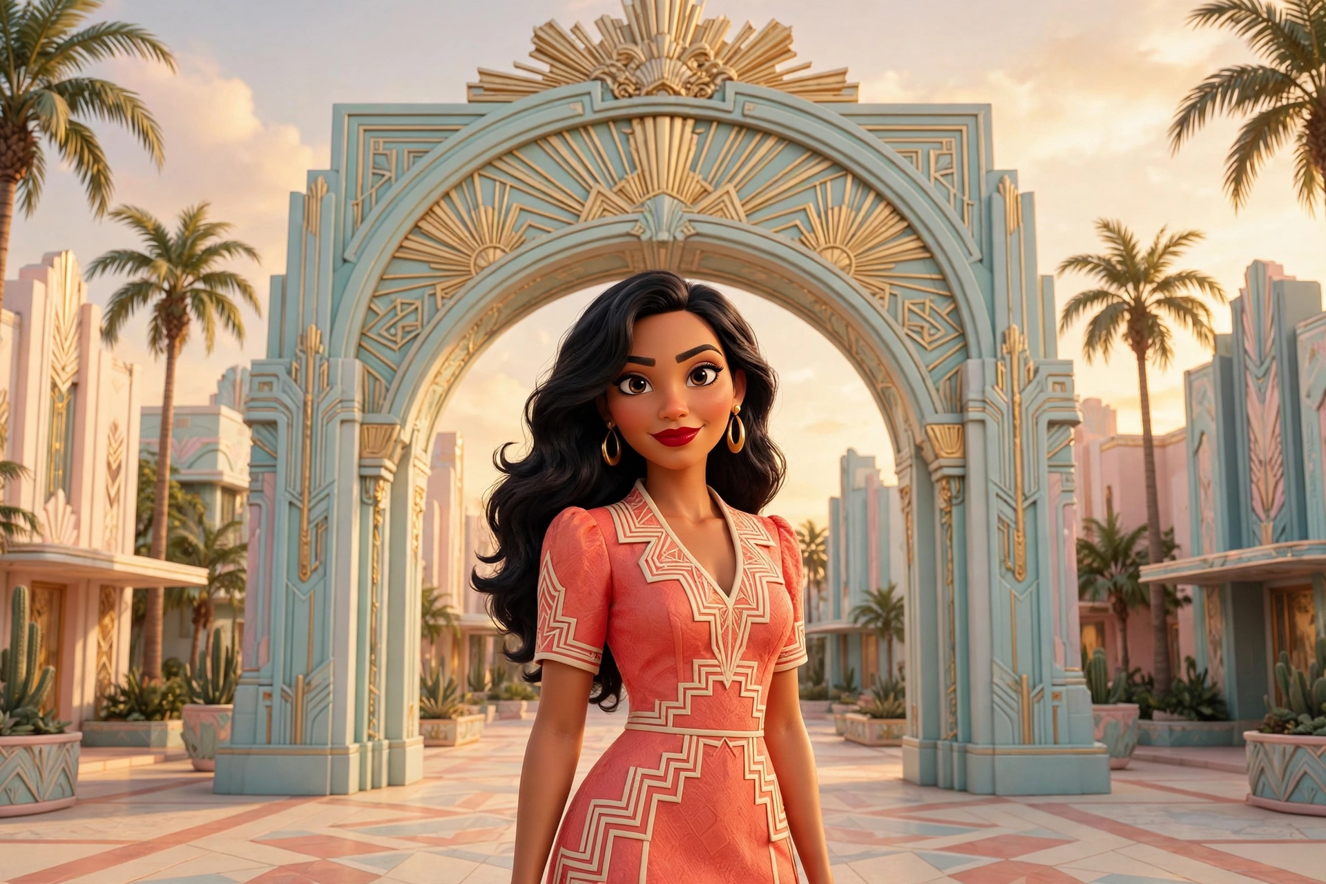Maria Reyes beneath a grand art-deco sunburst archway