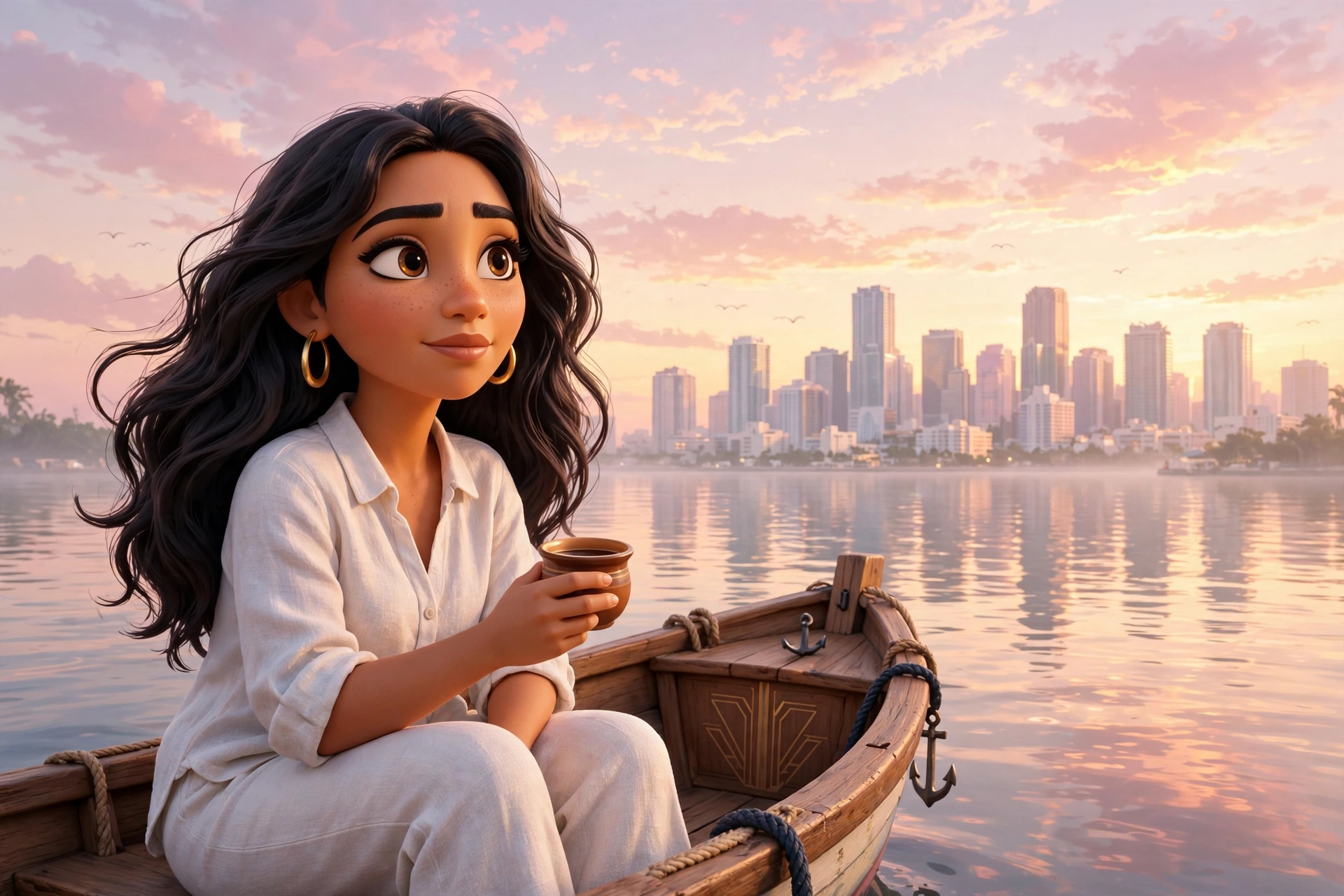 Maria Reyes at dawn on a boat in Biscayne Bay, city skyline pastel in the distance