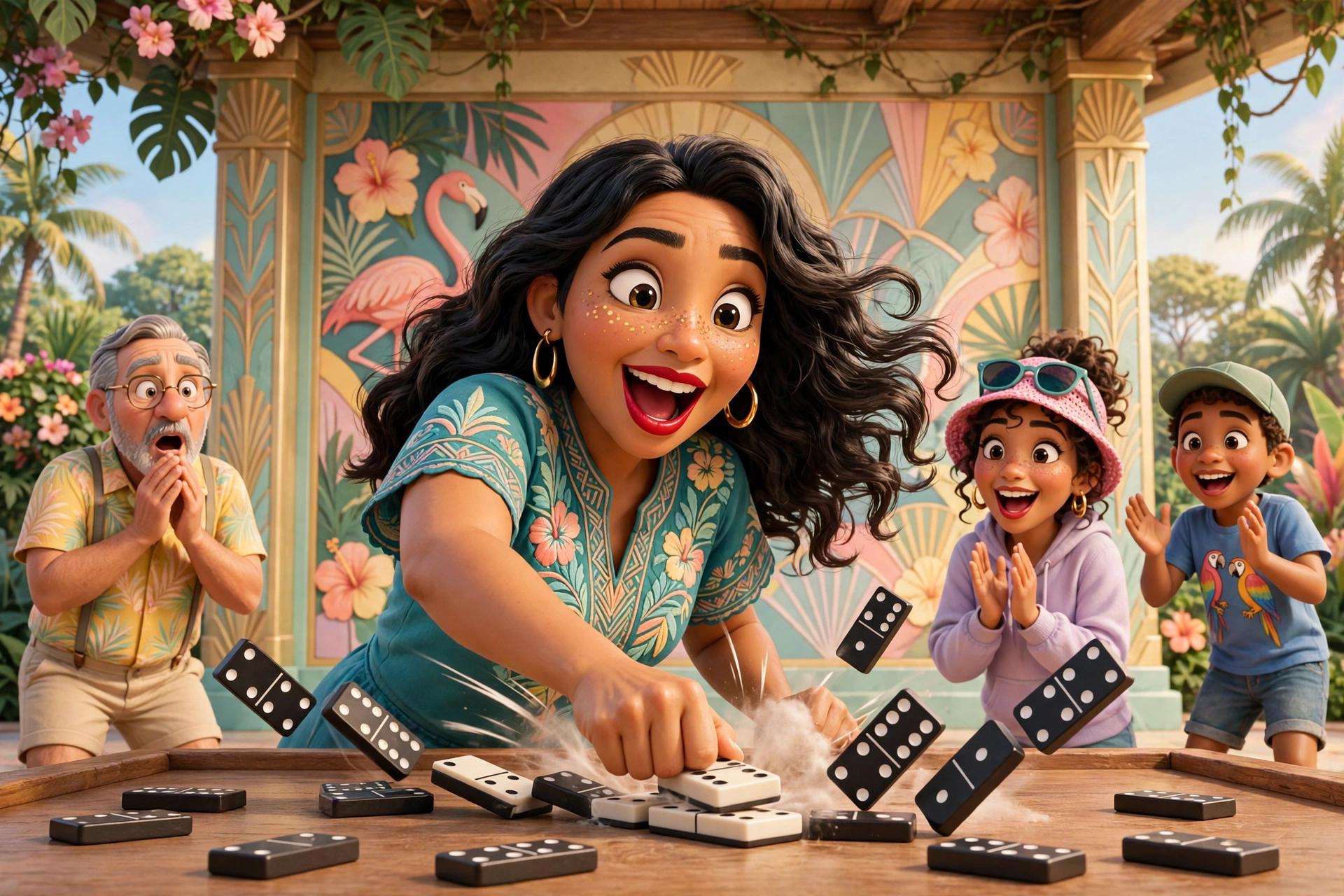 Maria Reyes at a domino table in a leafy park, dramatic slam moment