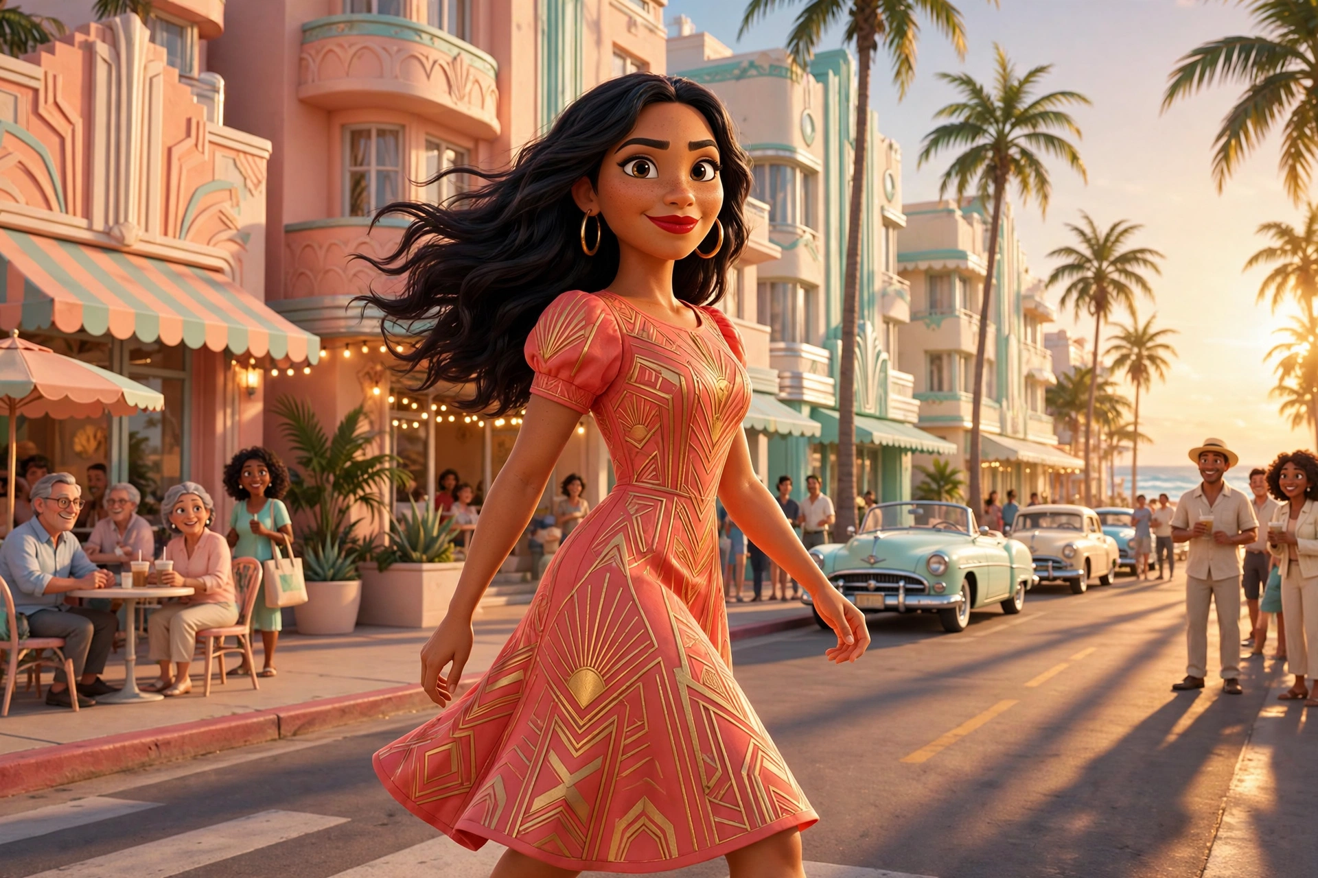 Maria Reyes walking down Ocean Drive at golden hour among pastel art-deco hotels