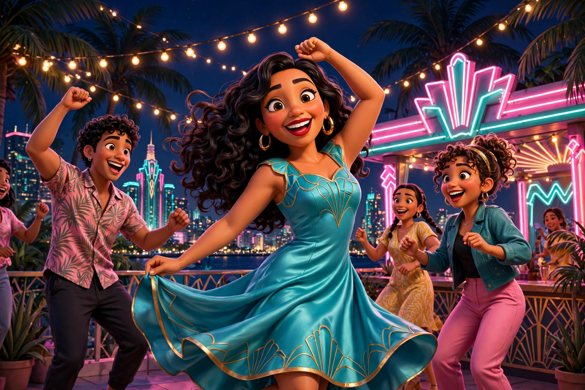Maria Reyes dancing on a neon-lit Miami rooftop at night
