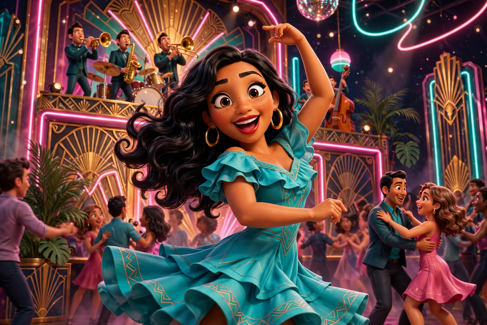 Maria Reyes dancing salsa in a vibrant neon club