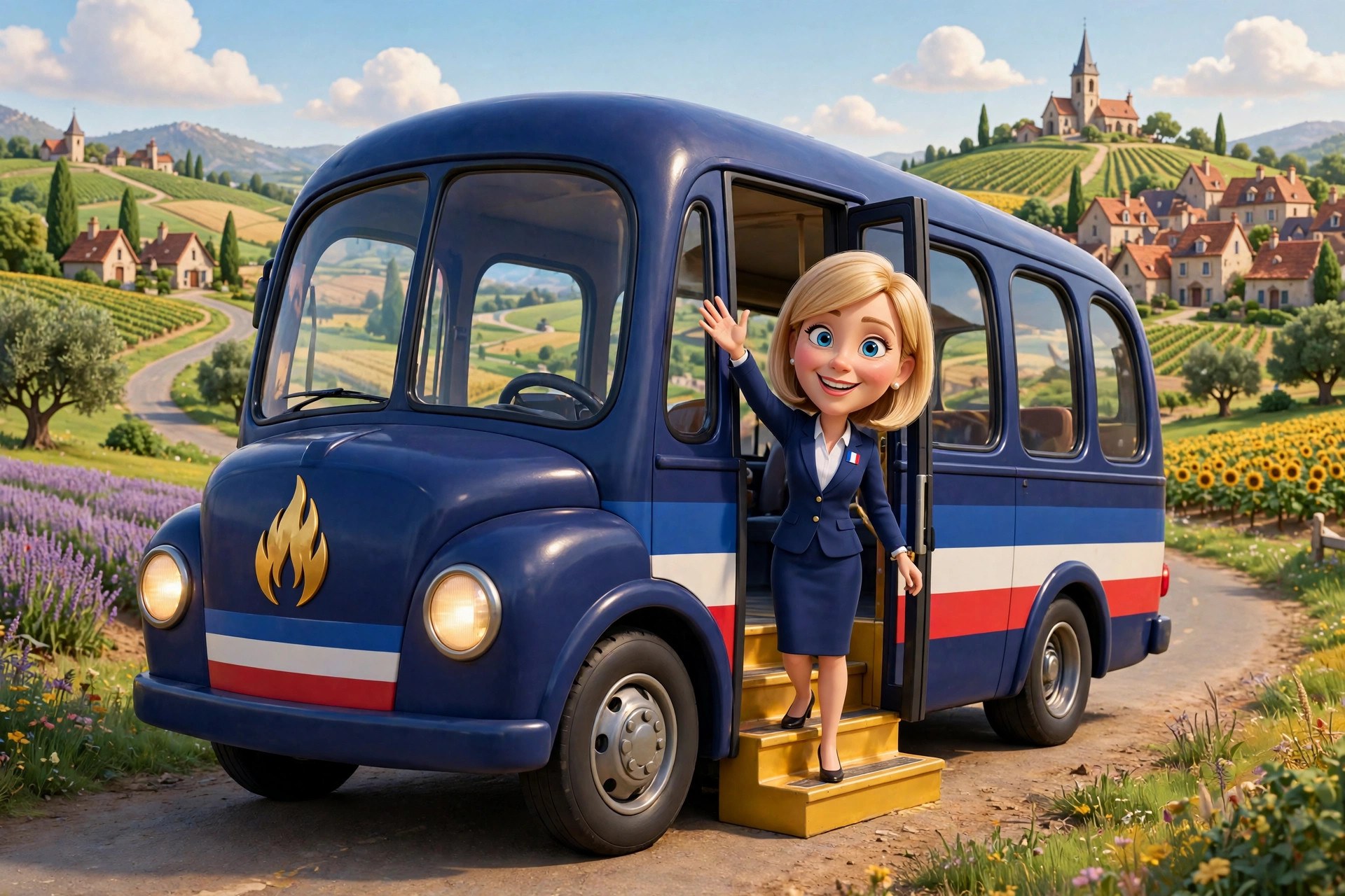 Cartoon caricature of the Le Pen character on the campaign trail