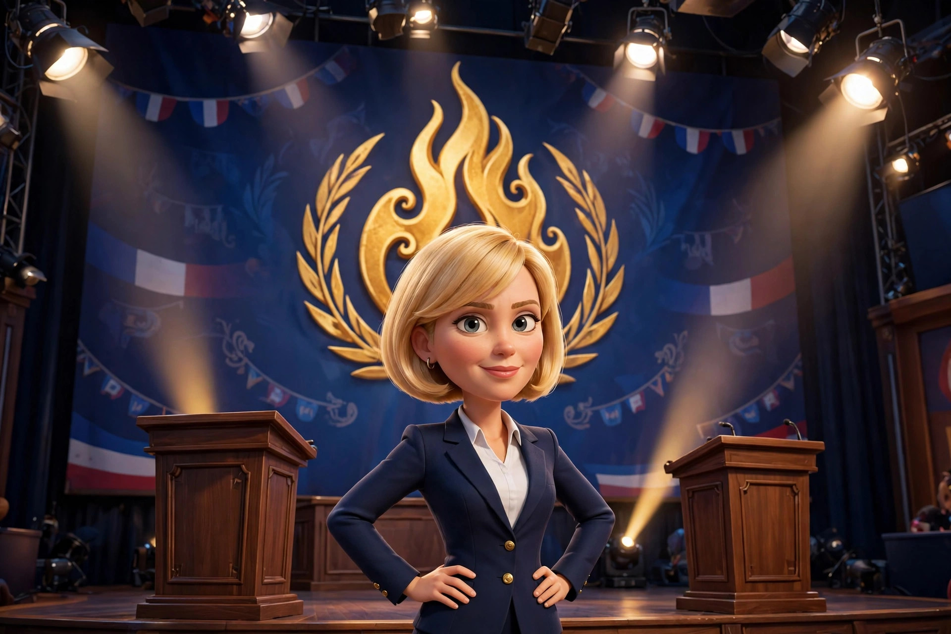Cartoon caricature of the Le Pen character on a televised debate stage