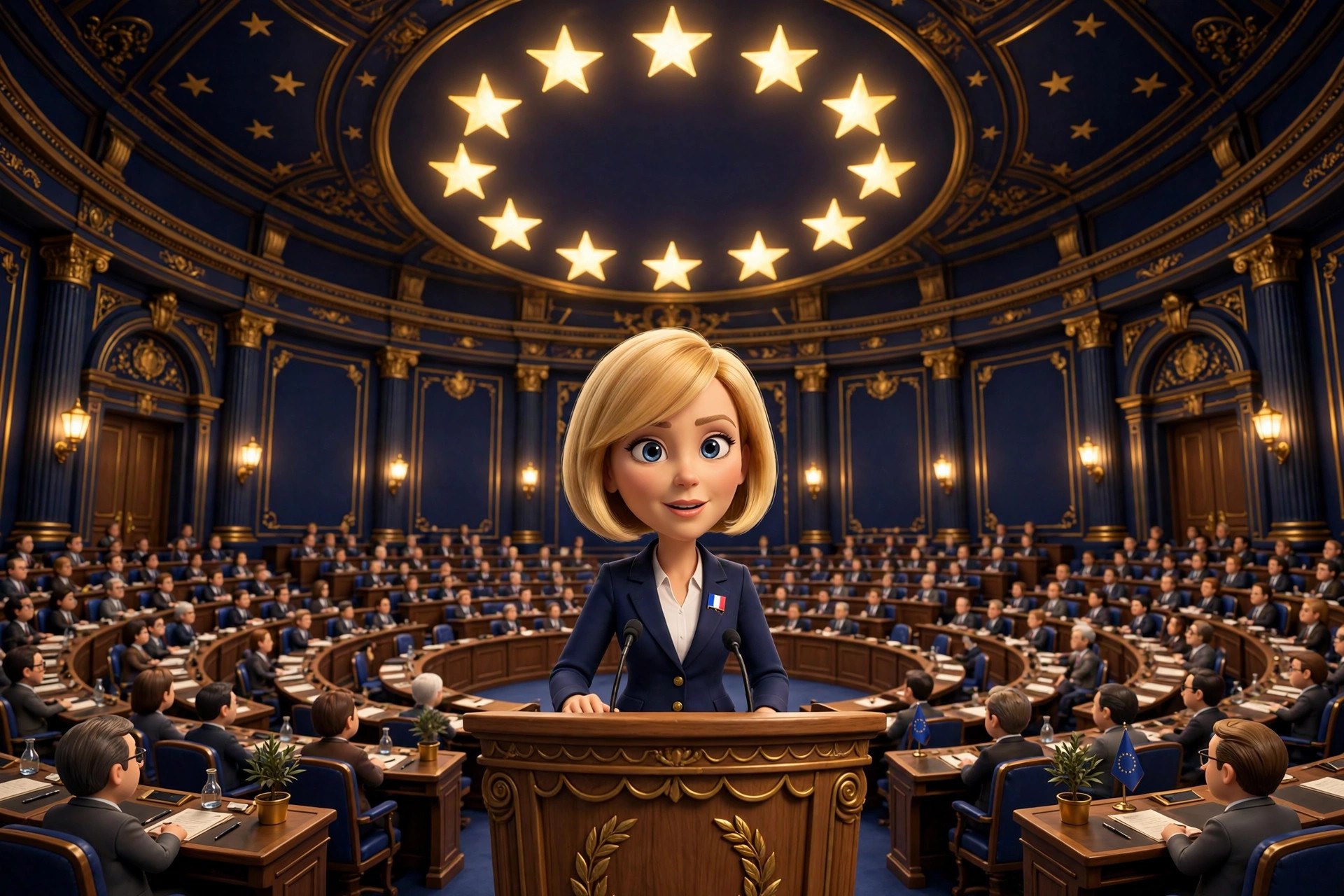 Cartoon caricature of the Le Pen character at a European parliament podium
