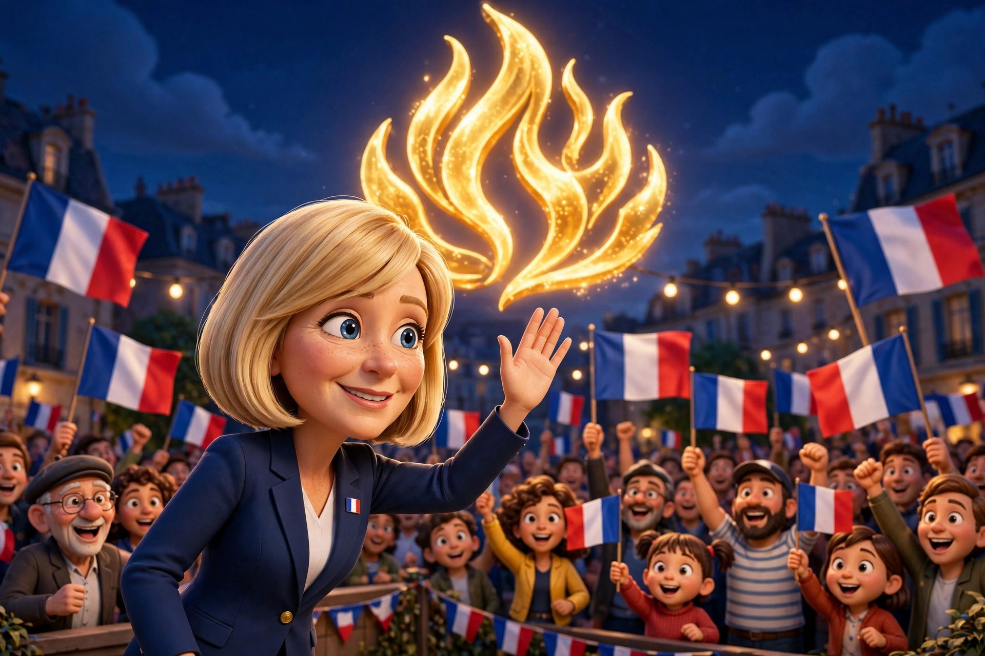 Cartoon caricature of the Le Pen character at a rally with tricolor flags
