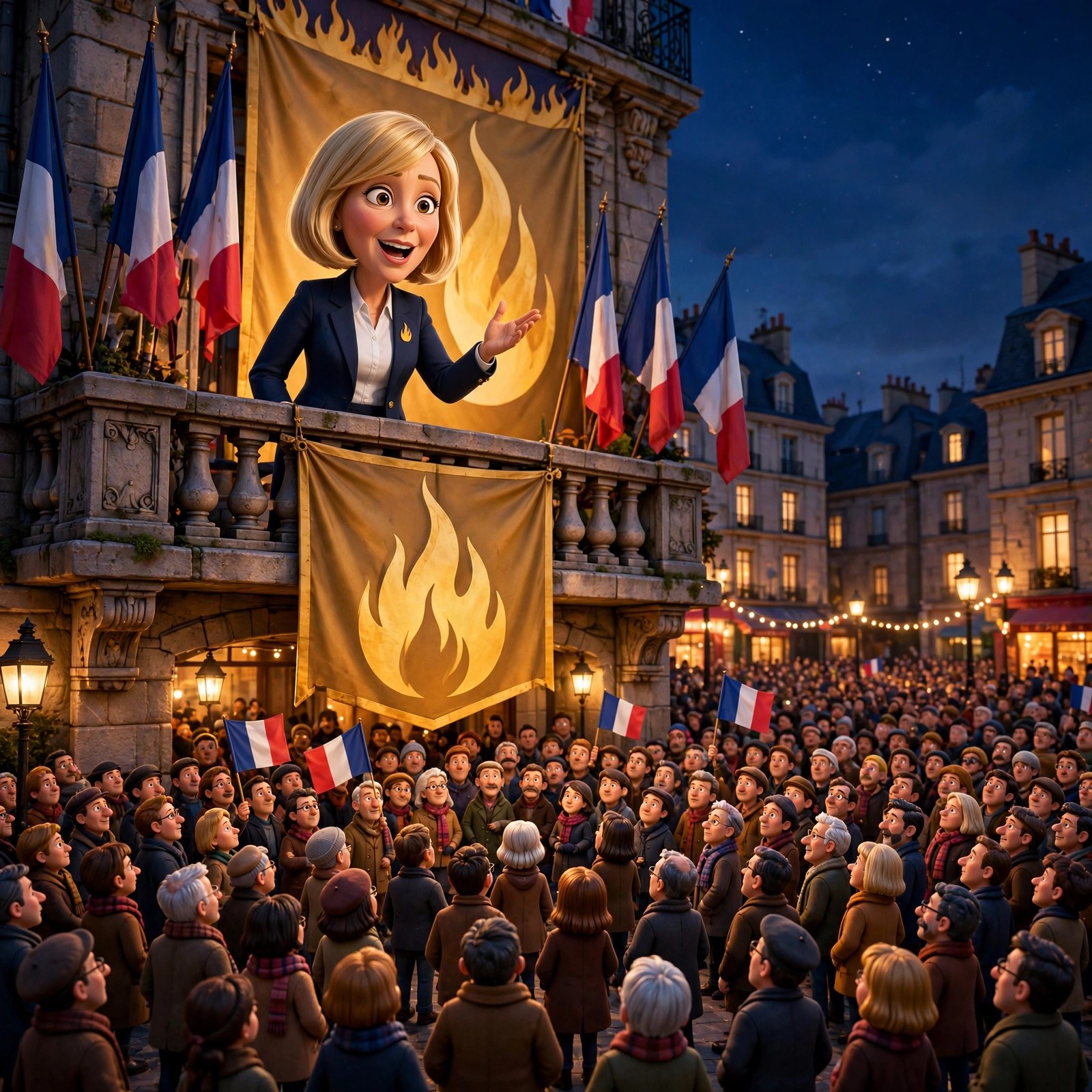 Cartoon caricature of the Le Pen character addressing a crowd from a balcony