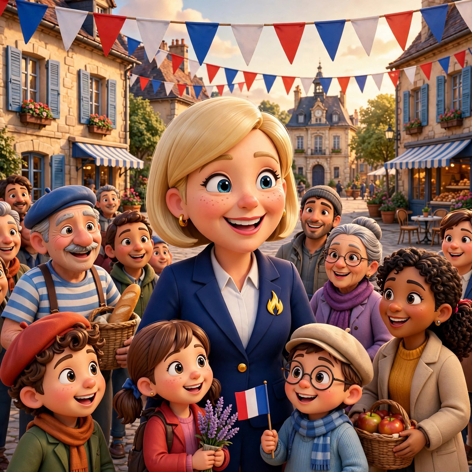 Cartoon caricature of the Le Pen character among supporters in a village square