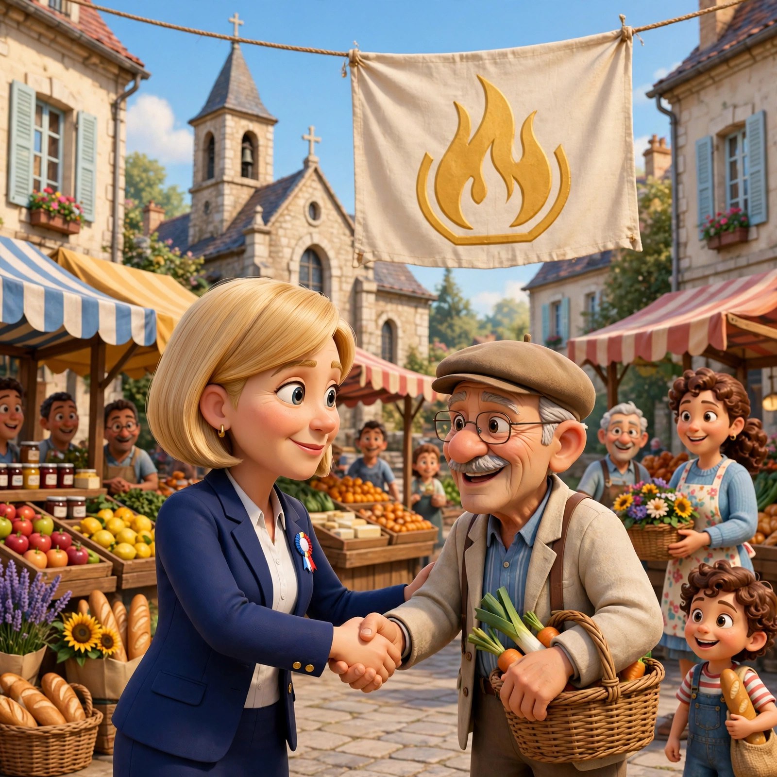 Cartoon caricature of the Le Pen character greeting citizens at a market square