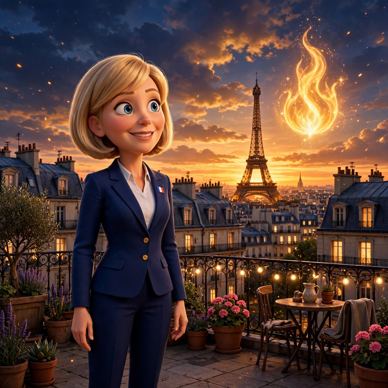 Cartoon caricature of the Le Pen character on a Paris rooftop at sunset