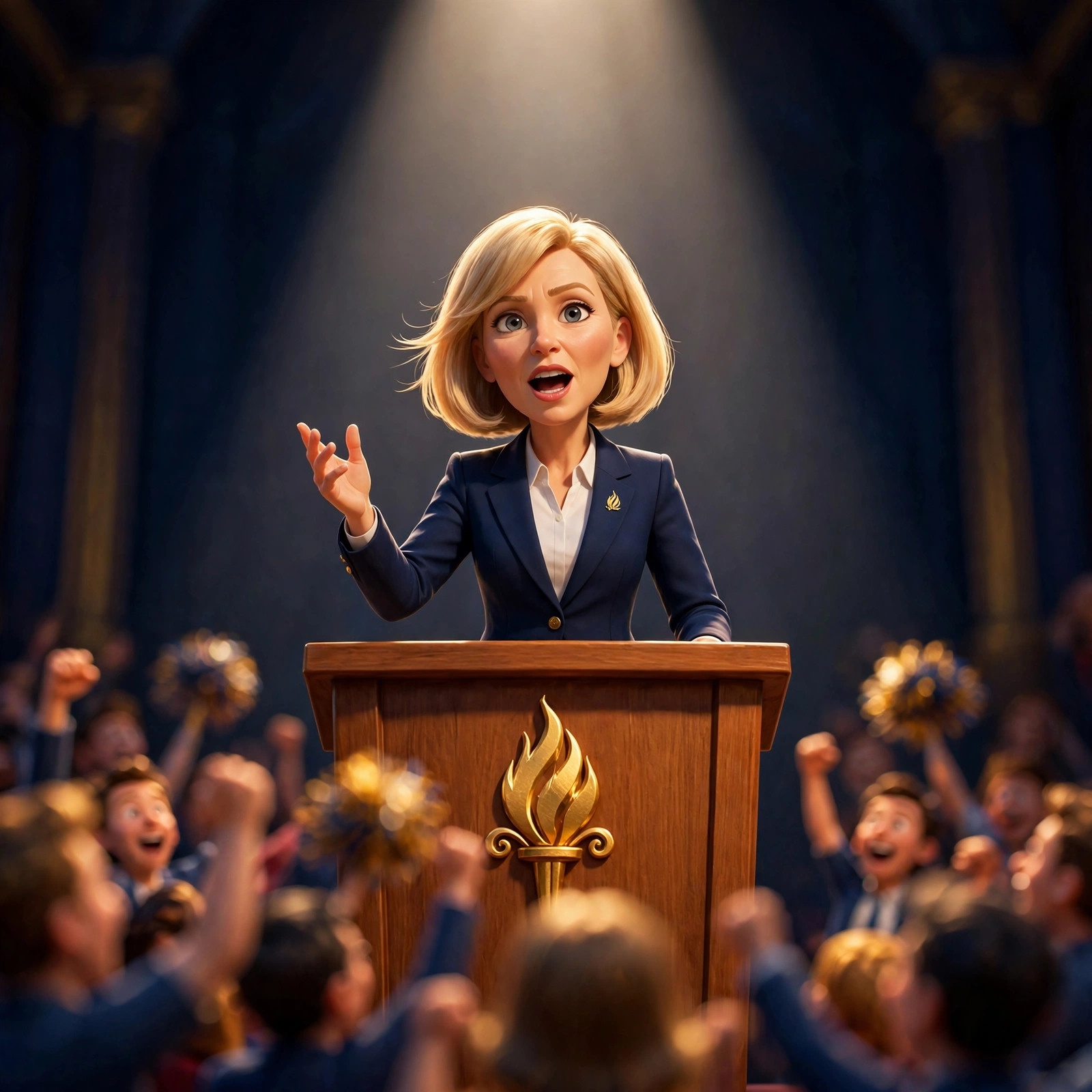 Cartoon caricature of the Le Pen character speaking at a podium