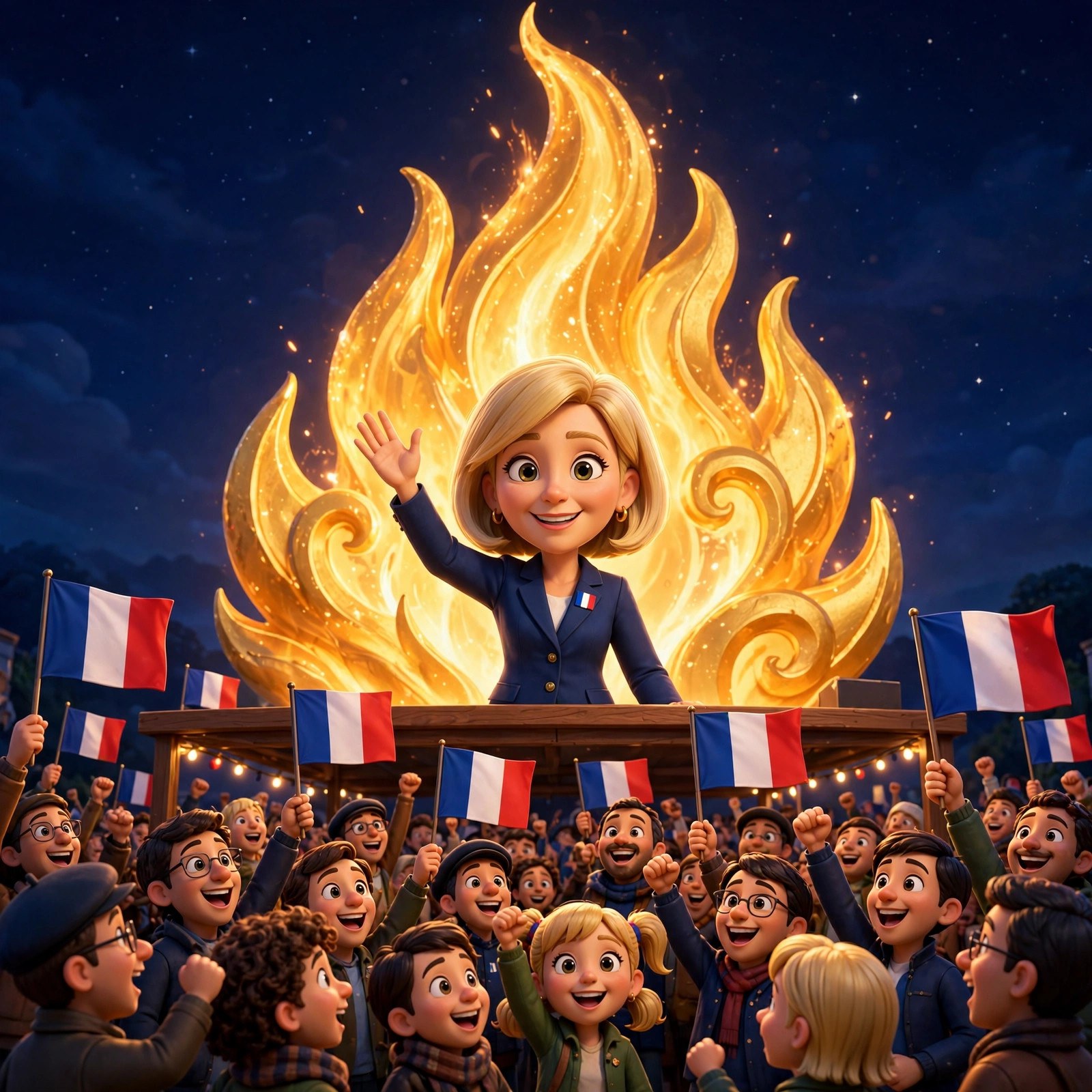 Cartoon caricature of the Le Pen character waving at a rally crowd