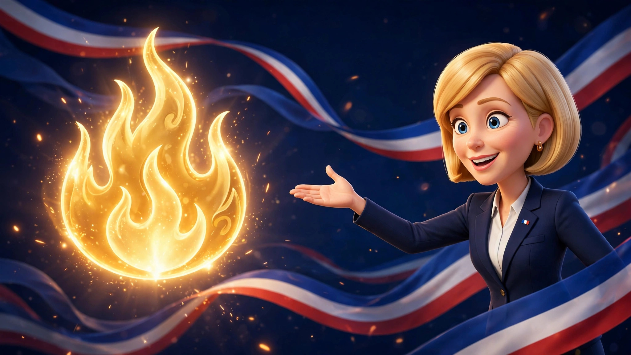 Wide AI-generated illustration of the Le Pen character gesturing toward a glowing flame emblem