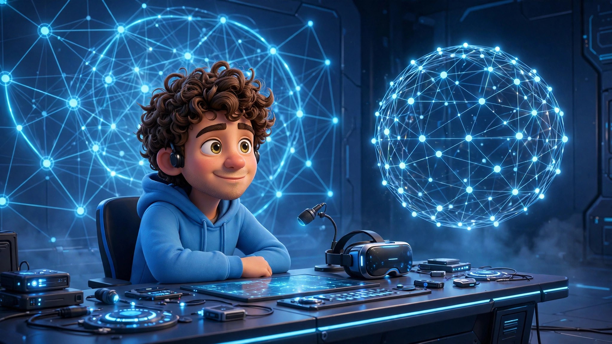 AI-generated illustration of the stream's animated Zuckerberg character in the Vizlings character style, in a network-node studio