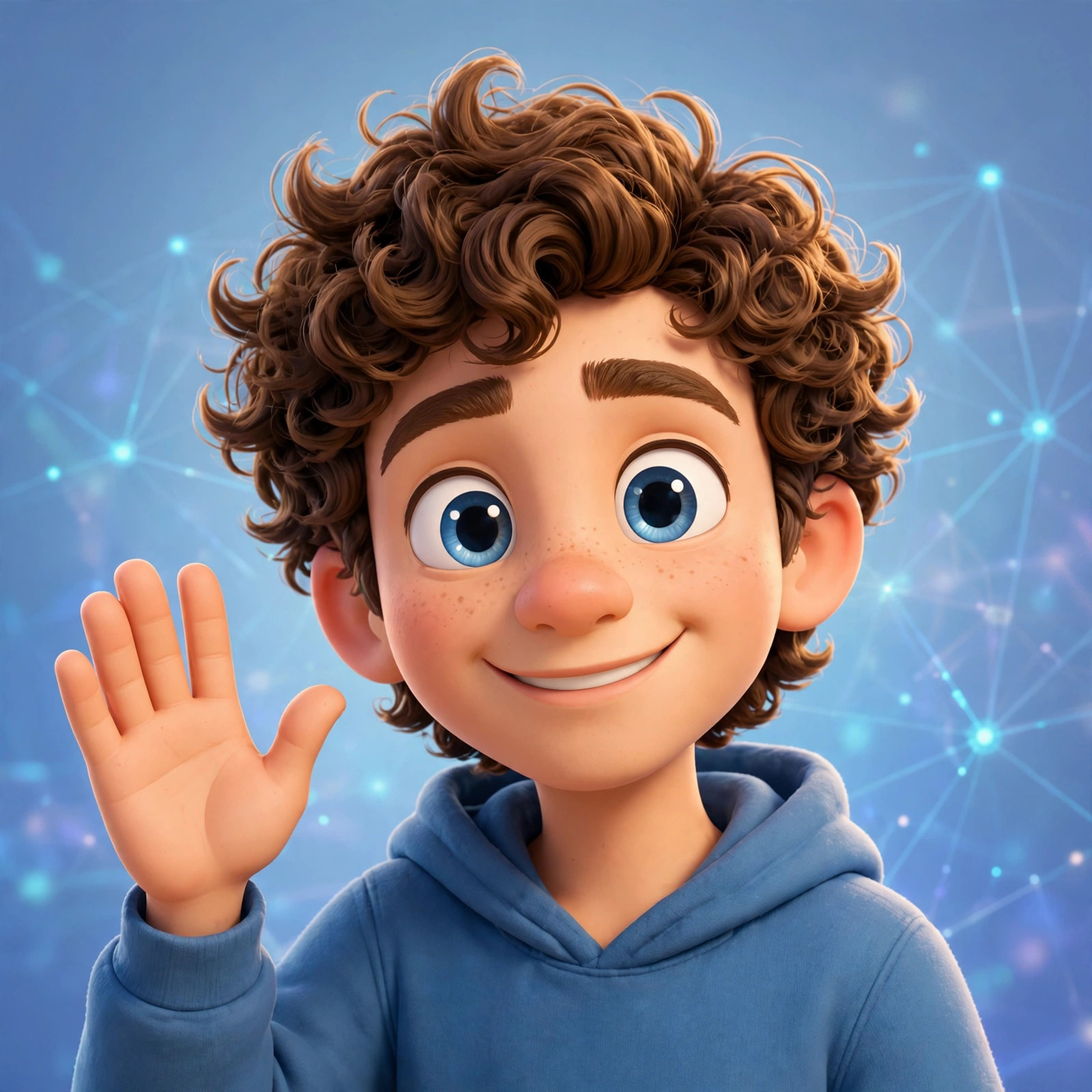 AI-generated portrait of the animated Zuckerberg character waving hello, in the Vizlings character style