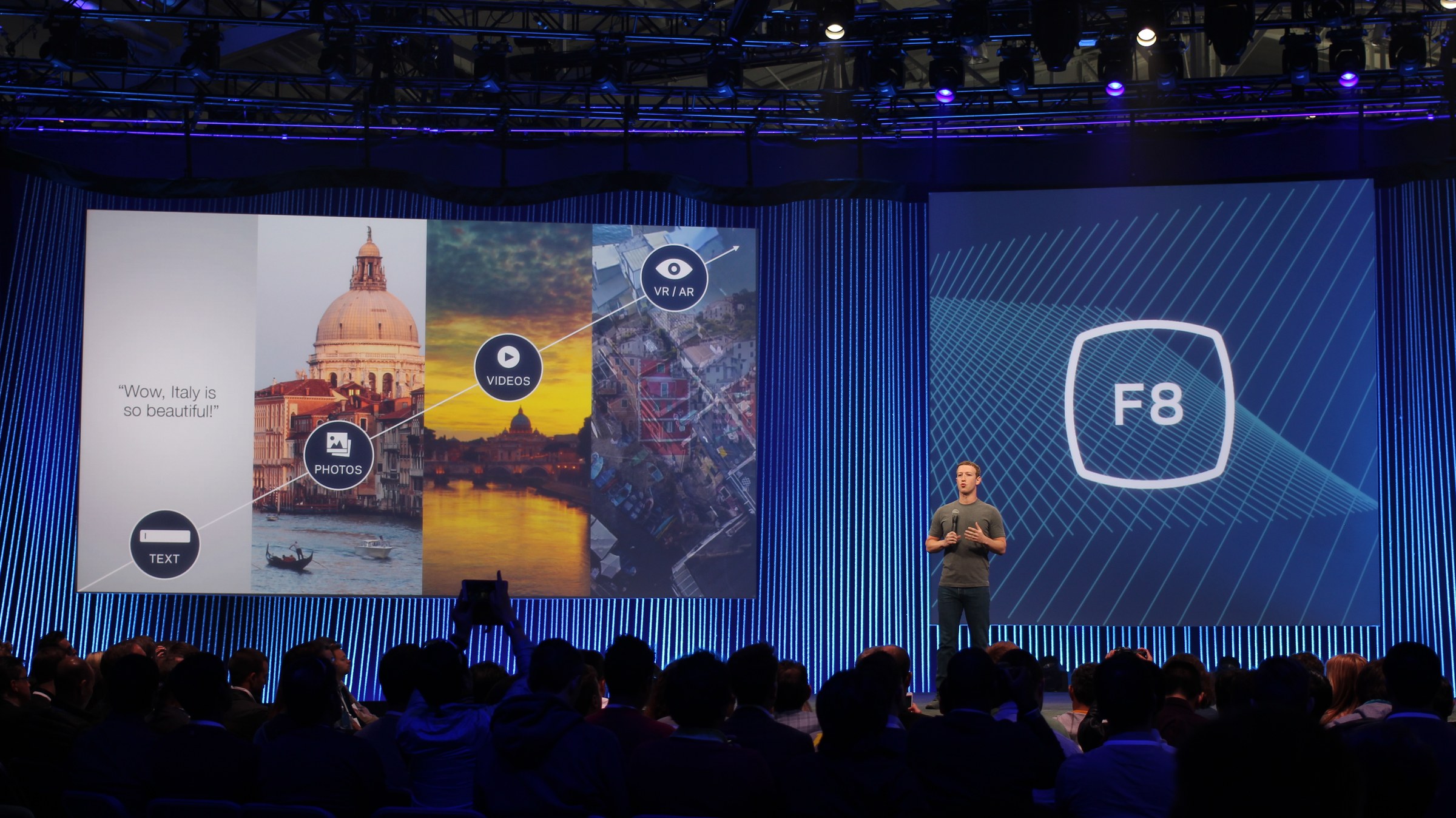 Mark Zuckerberg on stage at F8, 2015