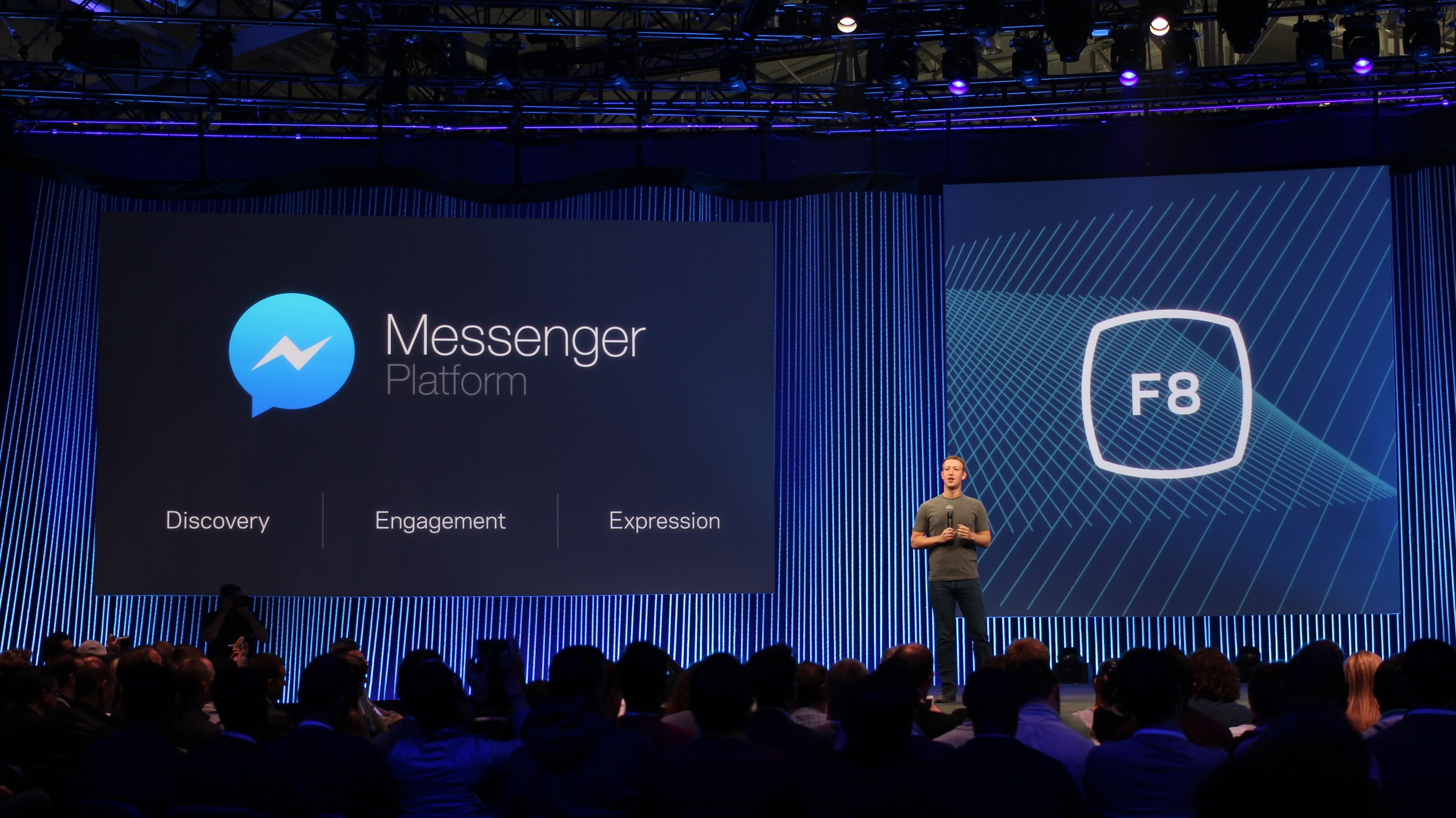 Mark Zuckerberg on stage at Facebook's F8 Developers Conference, 2015