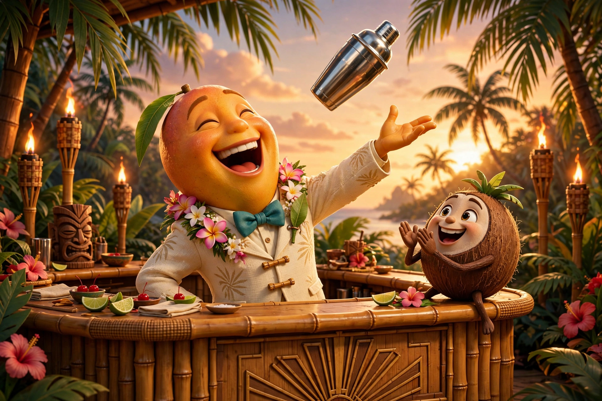 AI-generated dramatization art: Marlow flair-tossing a cocktail shaker high behind a bamboo tiki bar, laughing, a coconut friend applauding