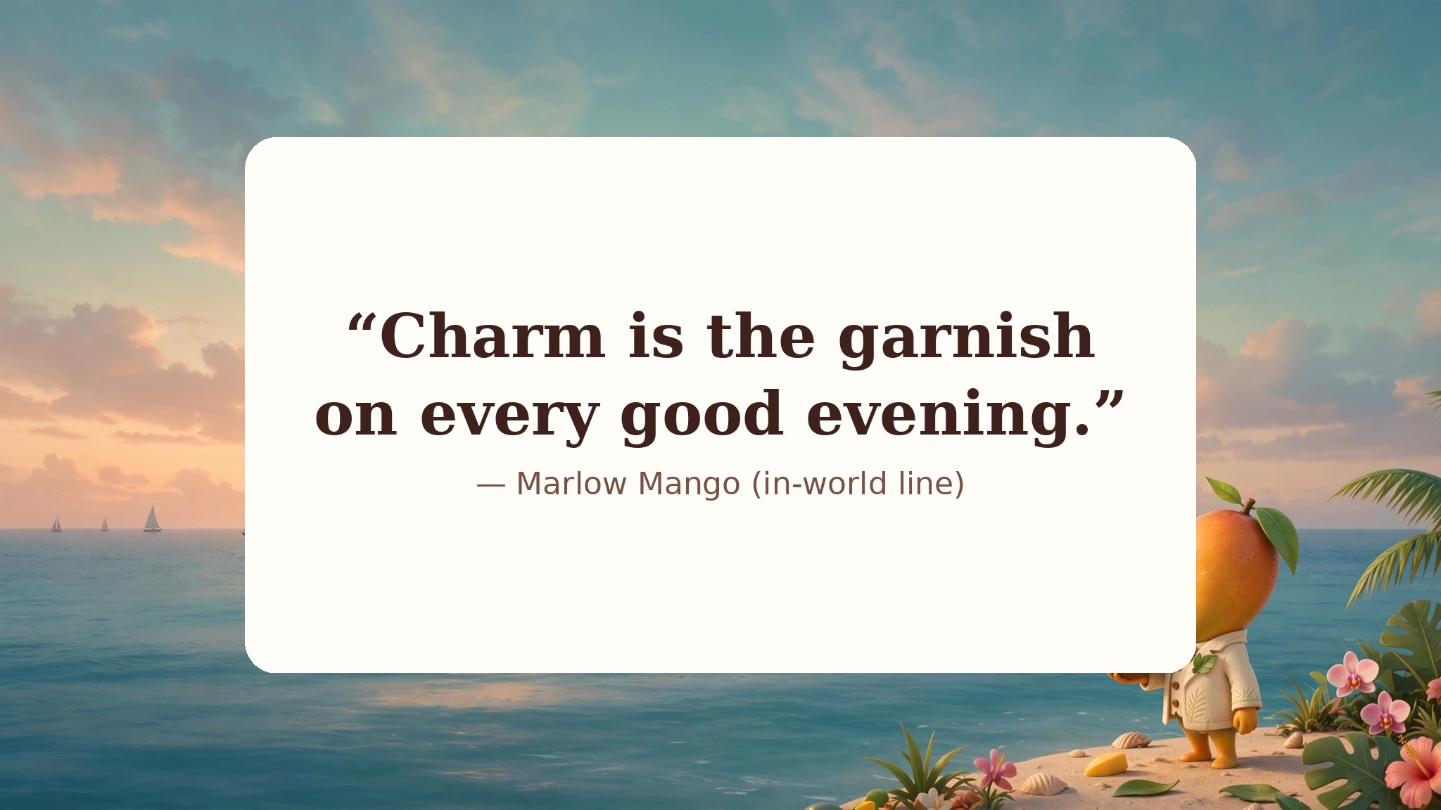 AI-generated dramatization art: Quote card 2 — Marlow Mango in-world line