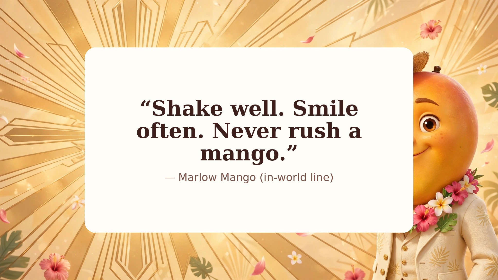AI-generated dramatization art: Quote card 4 — Marlow Mango in-world line
