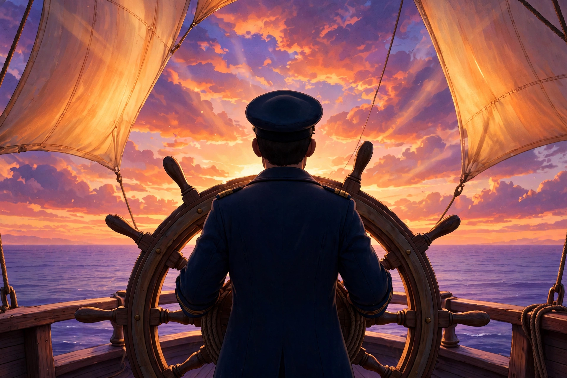 AI-generated dramatization art: Martin Tidewell at the ship's wheel during a fiery sunset
