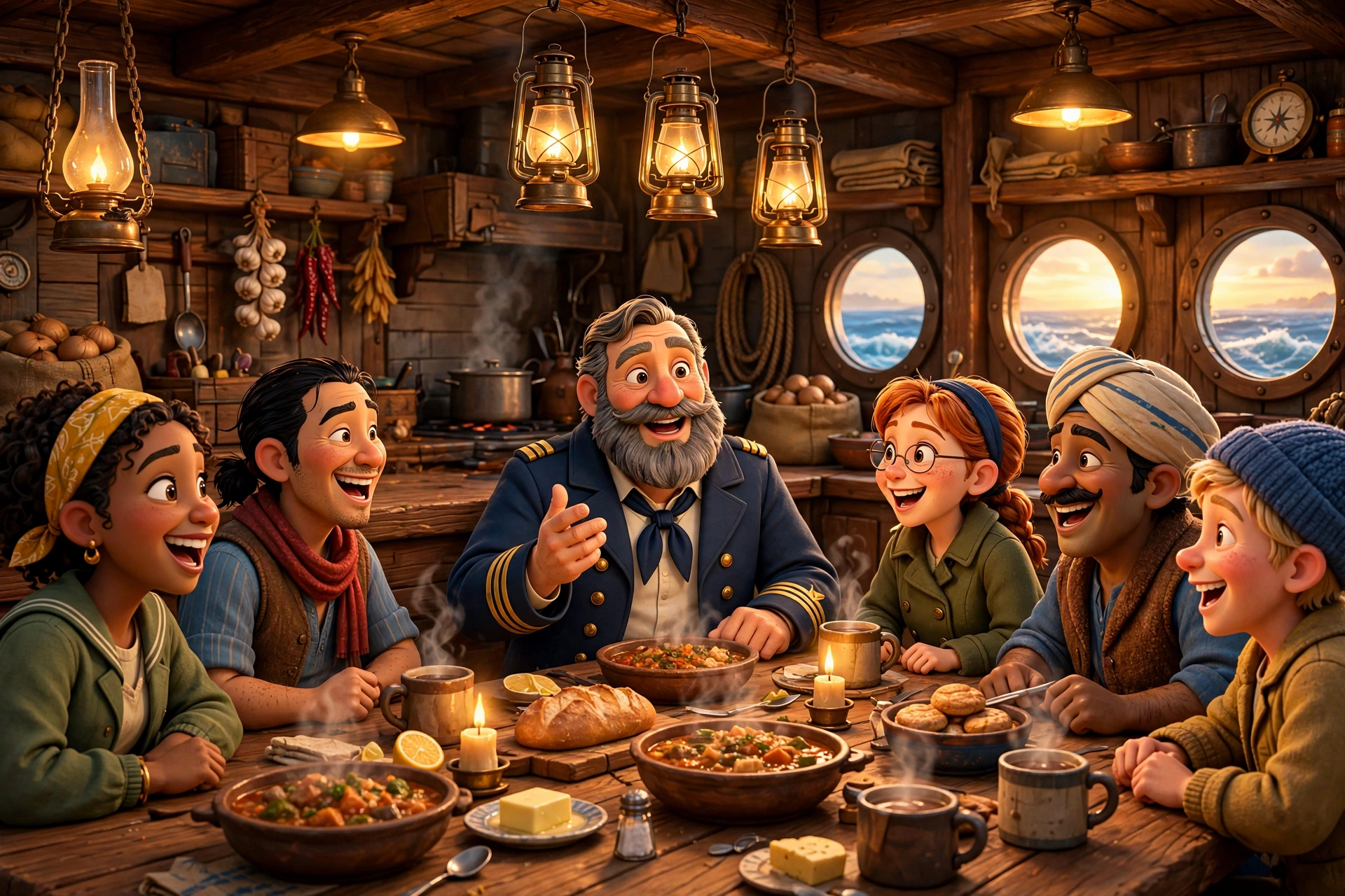 AI-generated dramatization art: Martin Tidewell telling stories to his fictional crew in the ship's galley