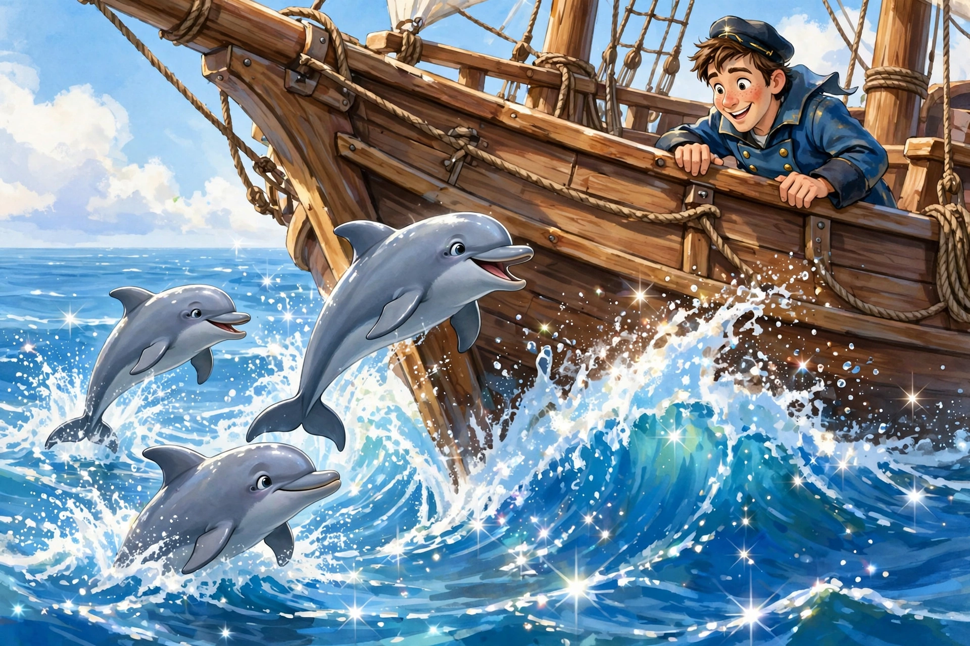 AI-generated dramatization art: dolphins-bow