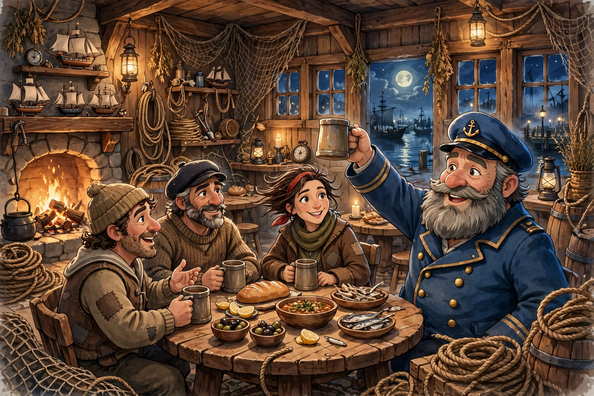 AI-generated dramatization art: a cozy harbor tavern where sailors share stories