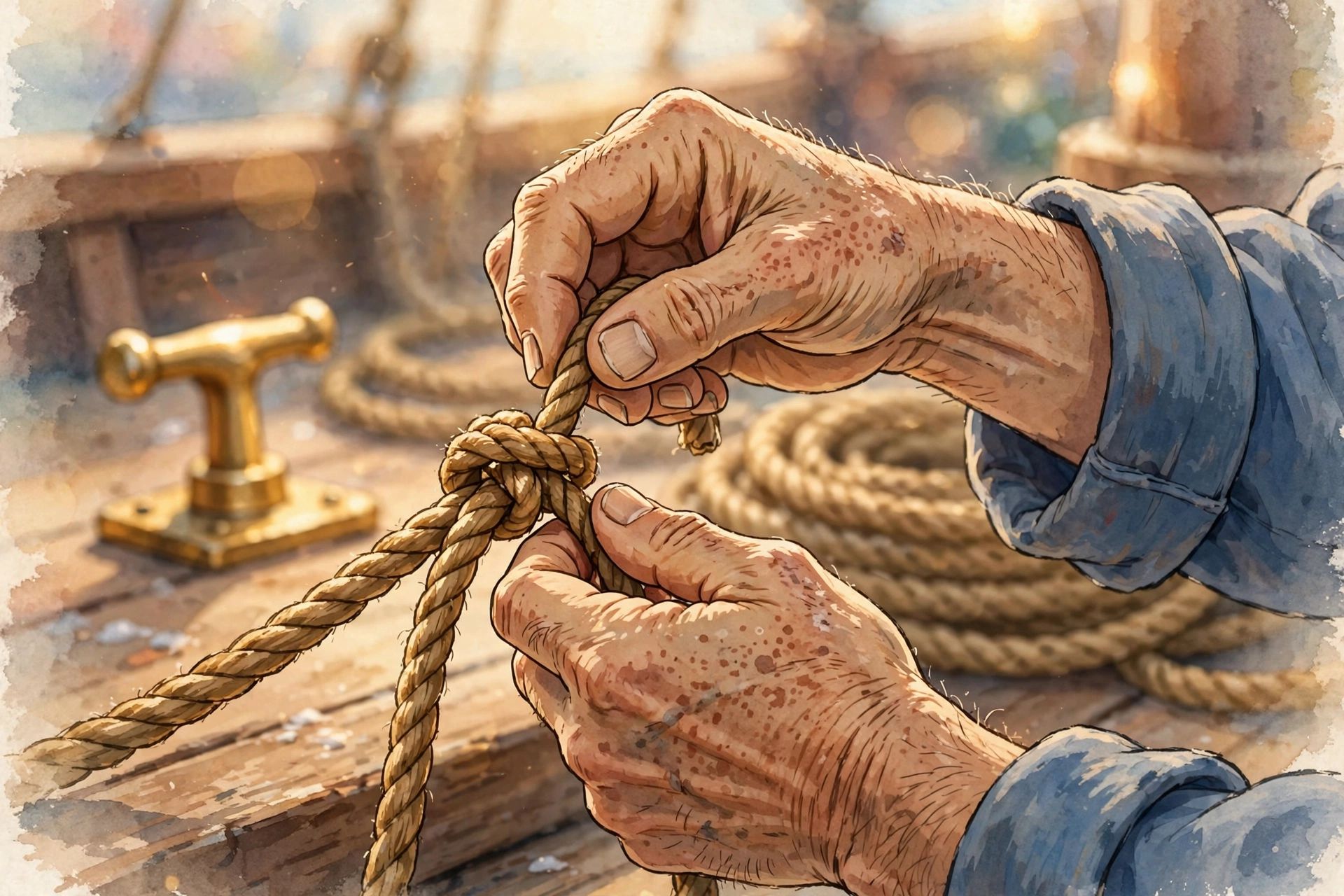 AI-generated dramatization art: close-up of a sailor's hands tying a bowline knot in hemp rope