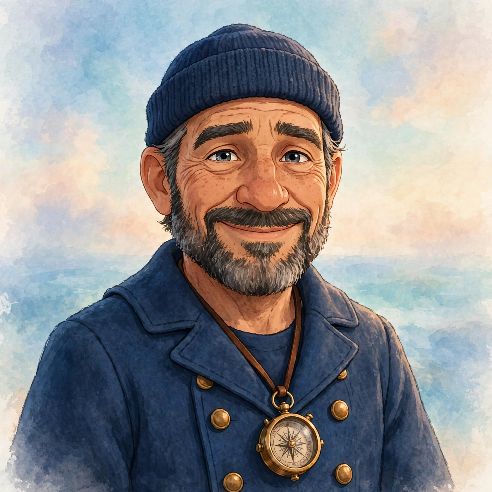 AI-generated dramatization art: animated-style portrait of Martin Tidewell, a bearded fictional sailor in a blue coat with brass buttons
