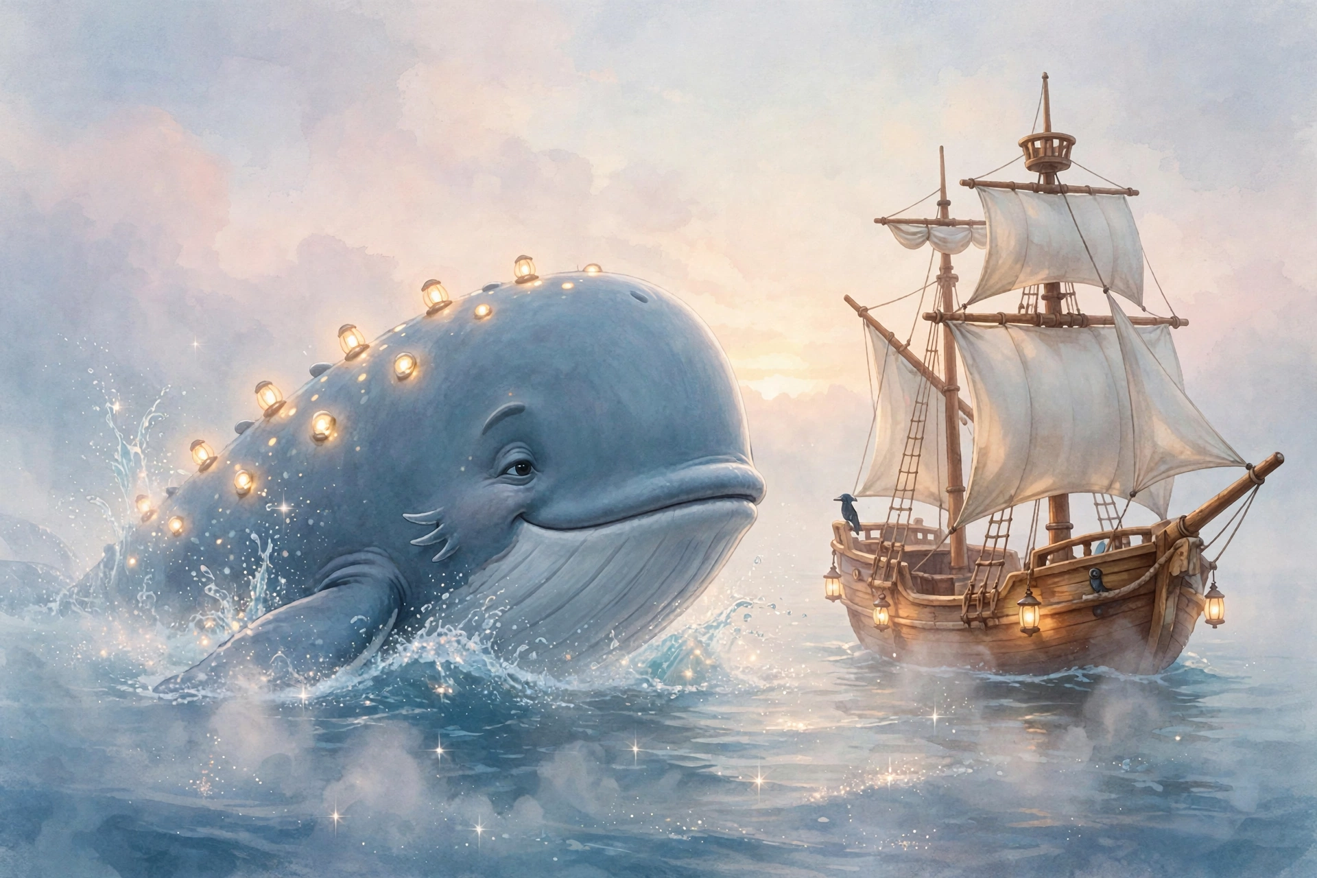 AI-generated dramatization art: a gentle fictional Mistwhale with glowing spots surfacing beside a sailing ship at dawn