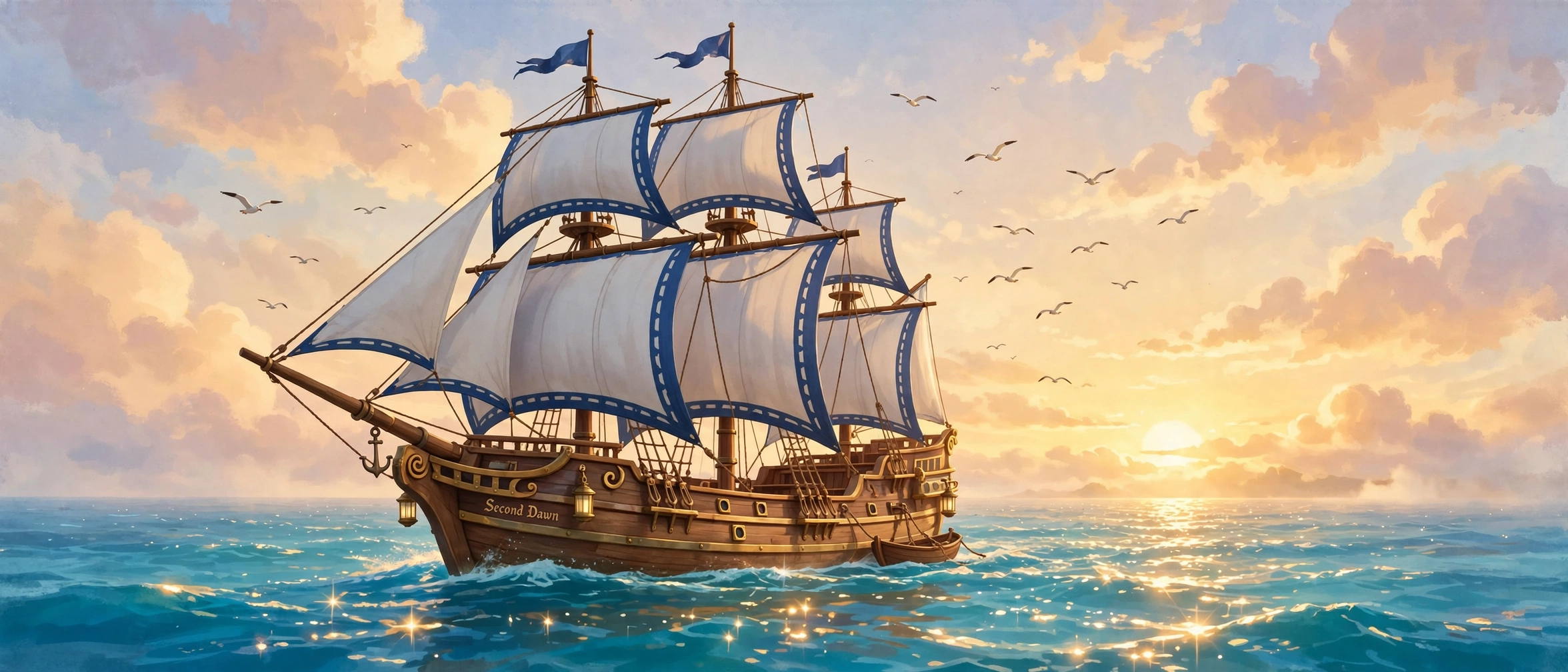 AI-generated dramatization art: the fictional tall ship Second Dawn sailing toward sunrise