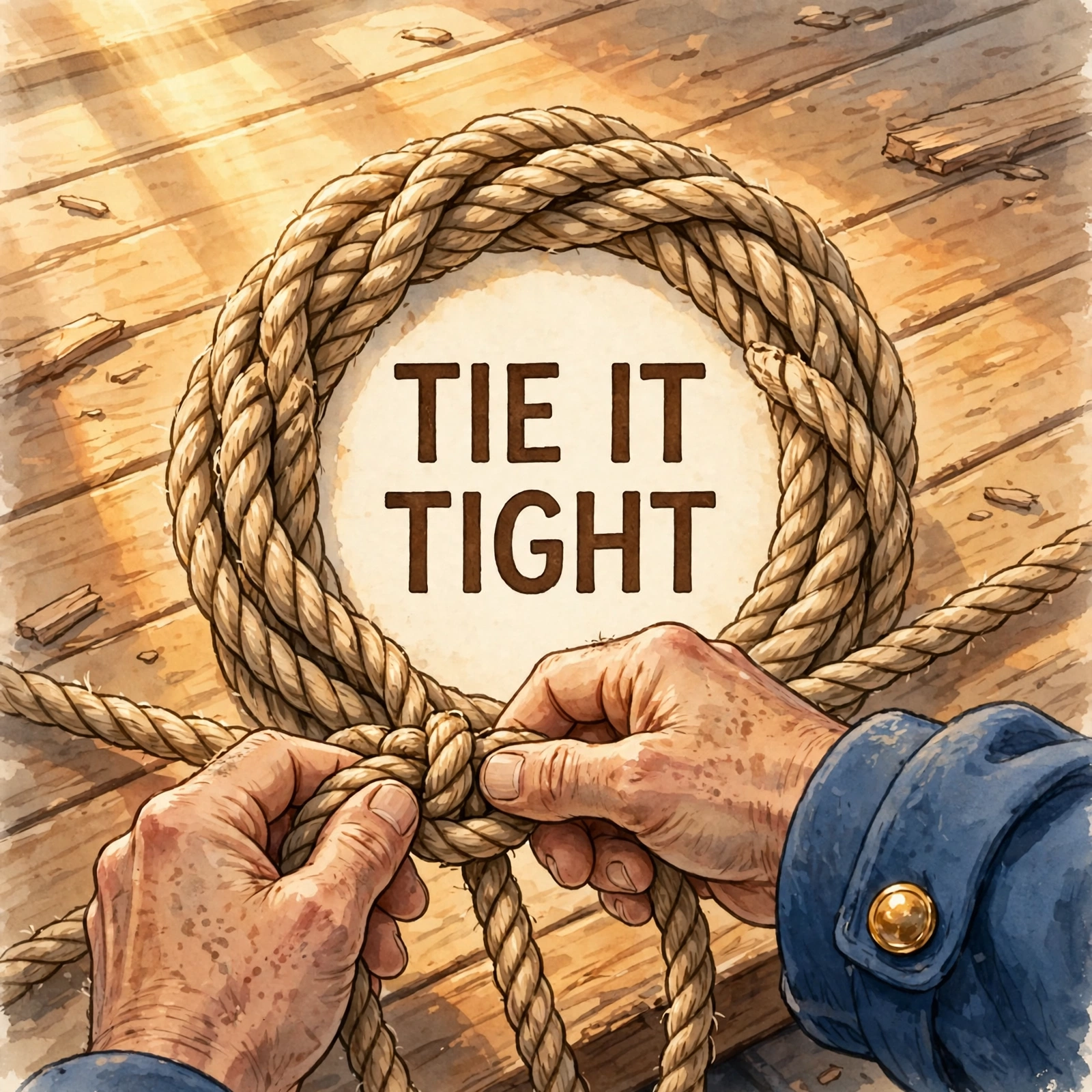 AI-generated dramatization art, social image: TIE IT TIGHT