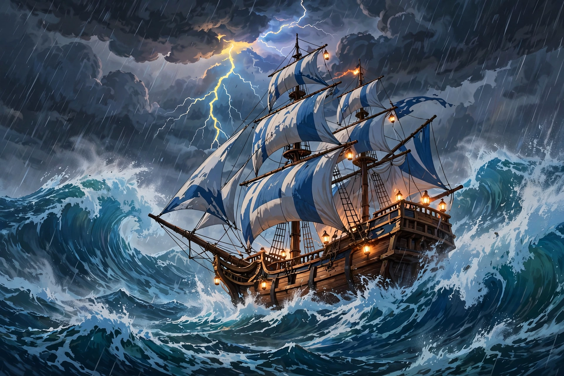 AI-generated dramatization art: storm-at-sea