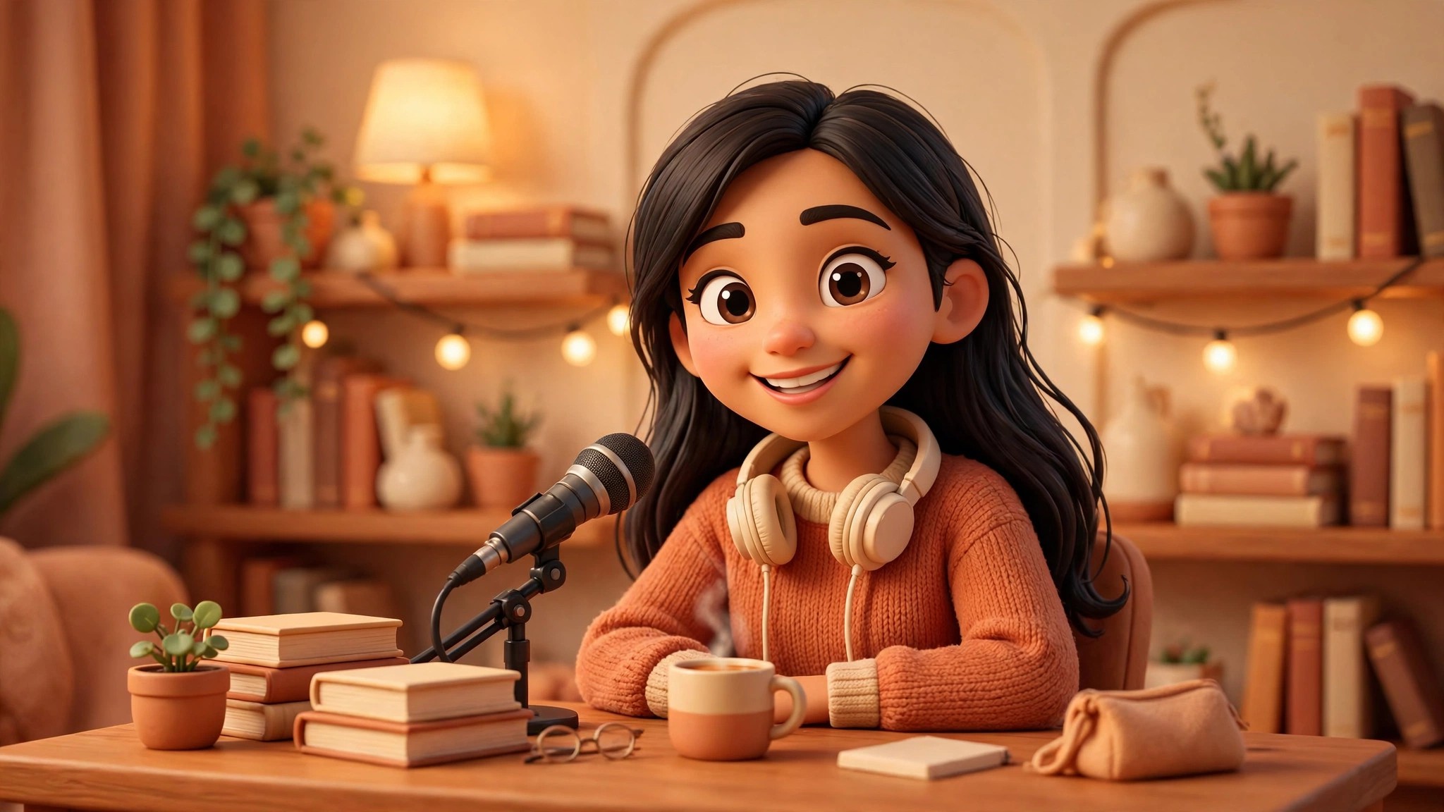 AI-generated illustration of the animated Meghan character at a streaming desk, in the Vizlings character style