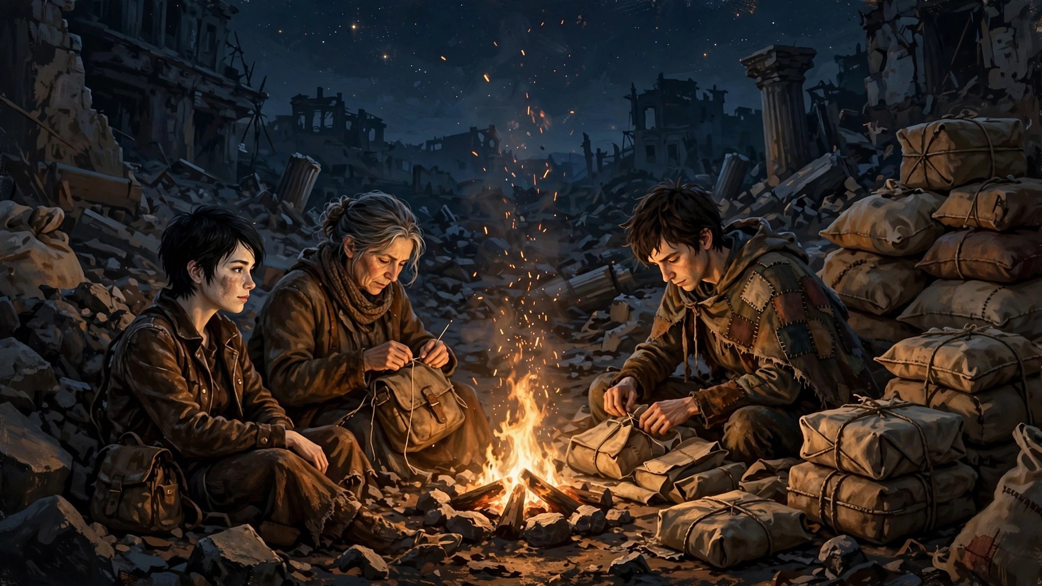 AI-generated illustration of three couriers around a campfire