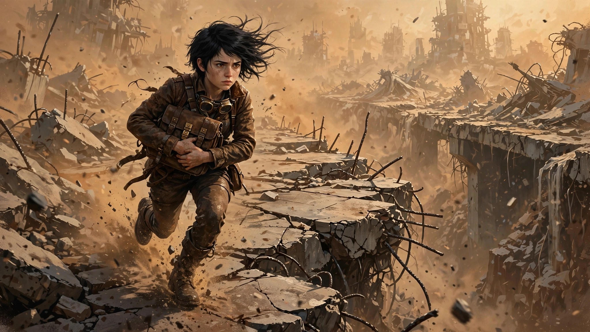 AI-generated illustration of Mia Rowan sprinting across a collapsed bridge