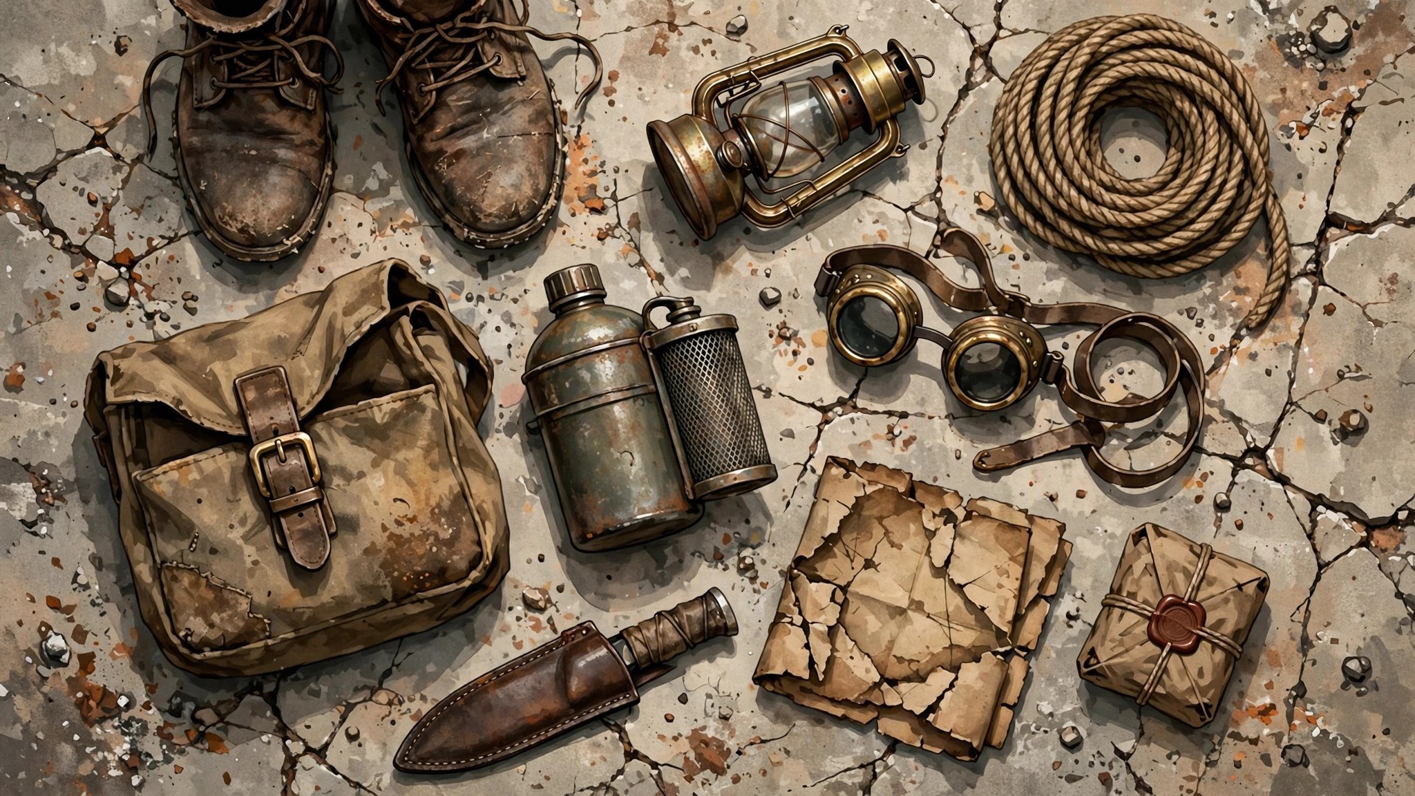 AI-generated flat-lay of courier survival gear