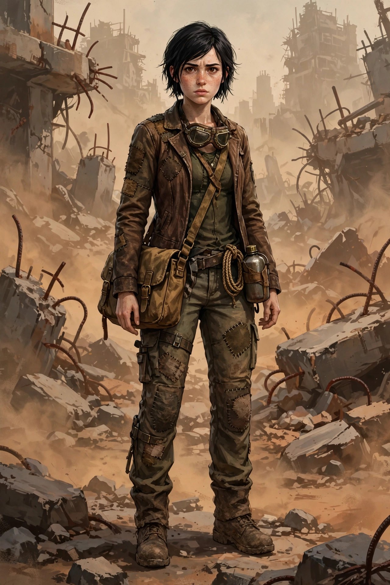 AI-generated full-body illustration of Mia Rowan in courier gear: leather jacket, canvas satchel, goggles, boots
