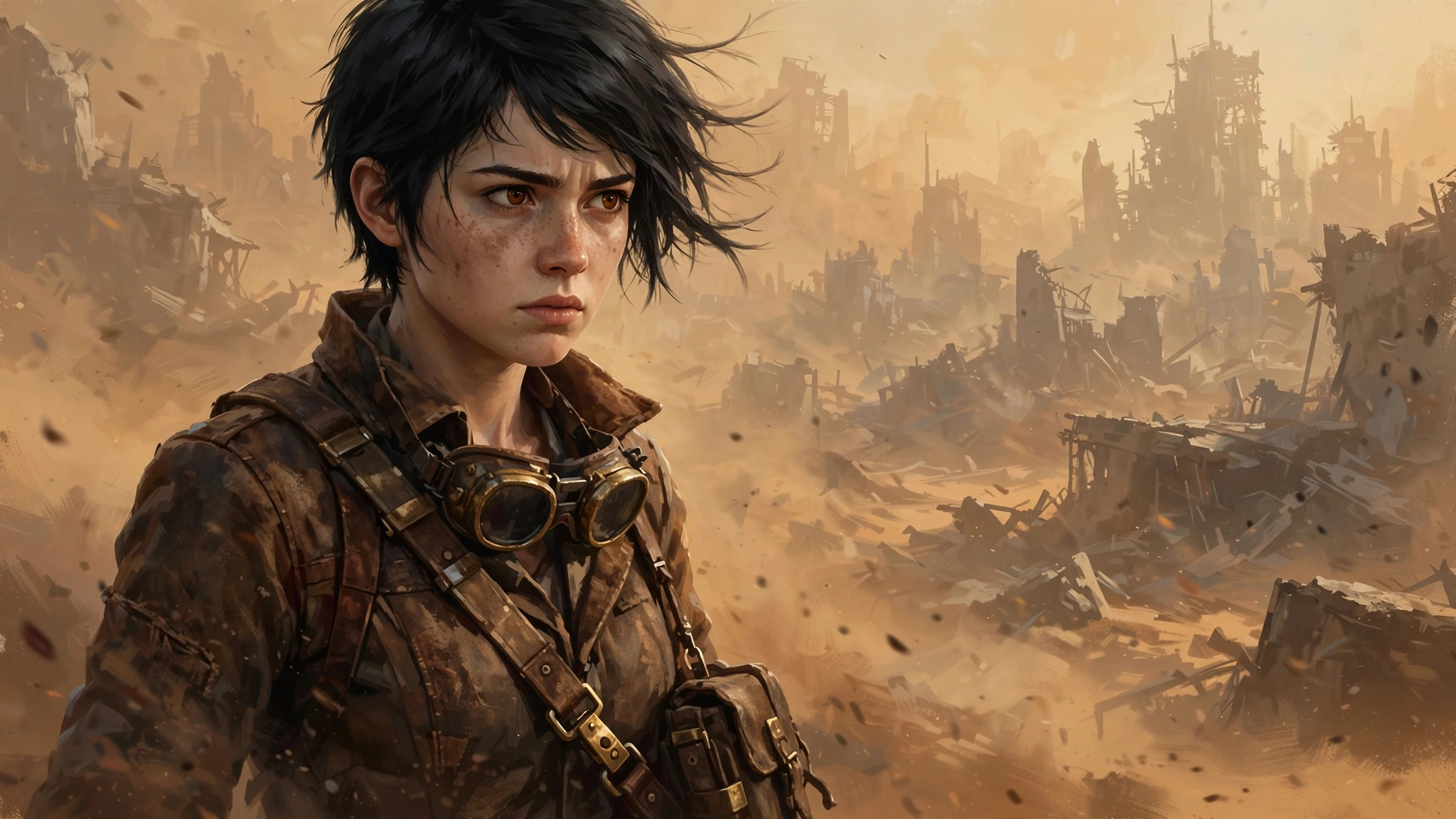 AI-generated illustration of Mia Rowan, a fictional young woman courier with short black hair and a dust-brown leather jacket, standing before the ruined city