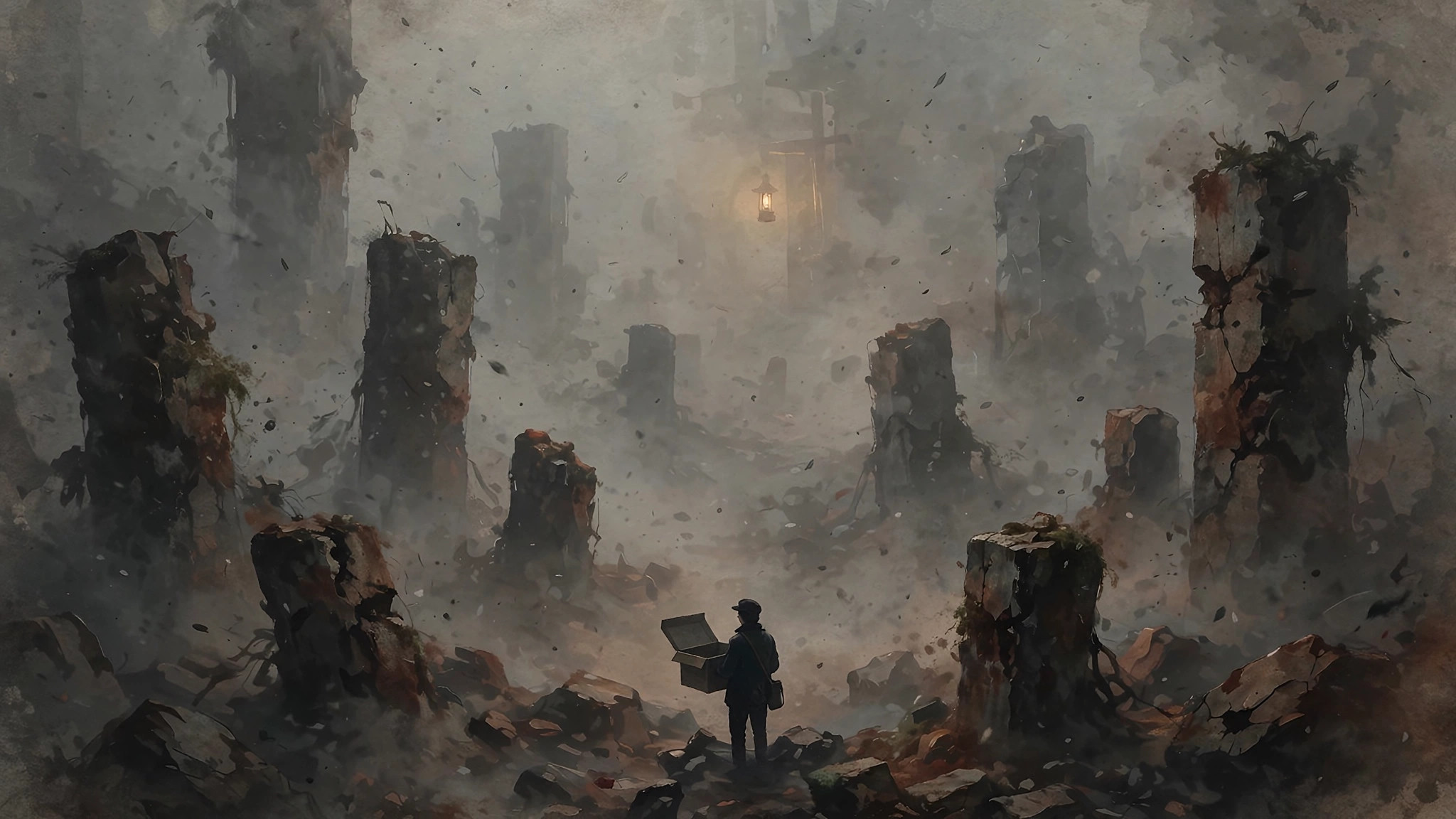 AI-generated illustration of a lone courier silhouette in fog with an empty parcel