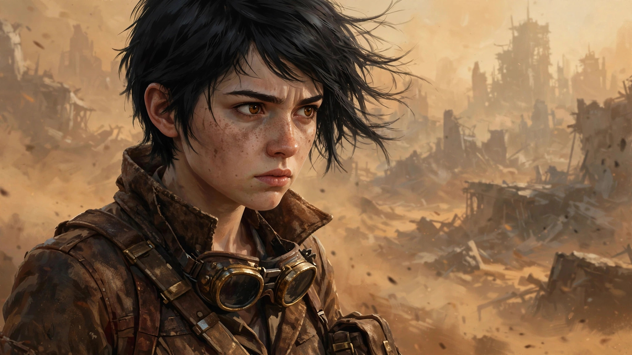 AI-generated close-up of Mia Rowan with a guarded expression