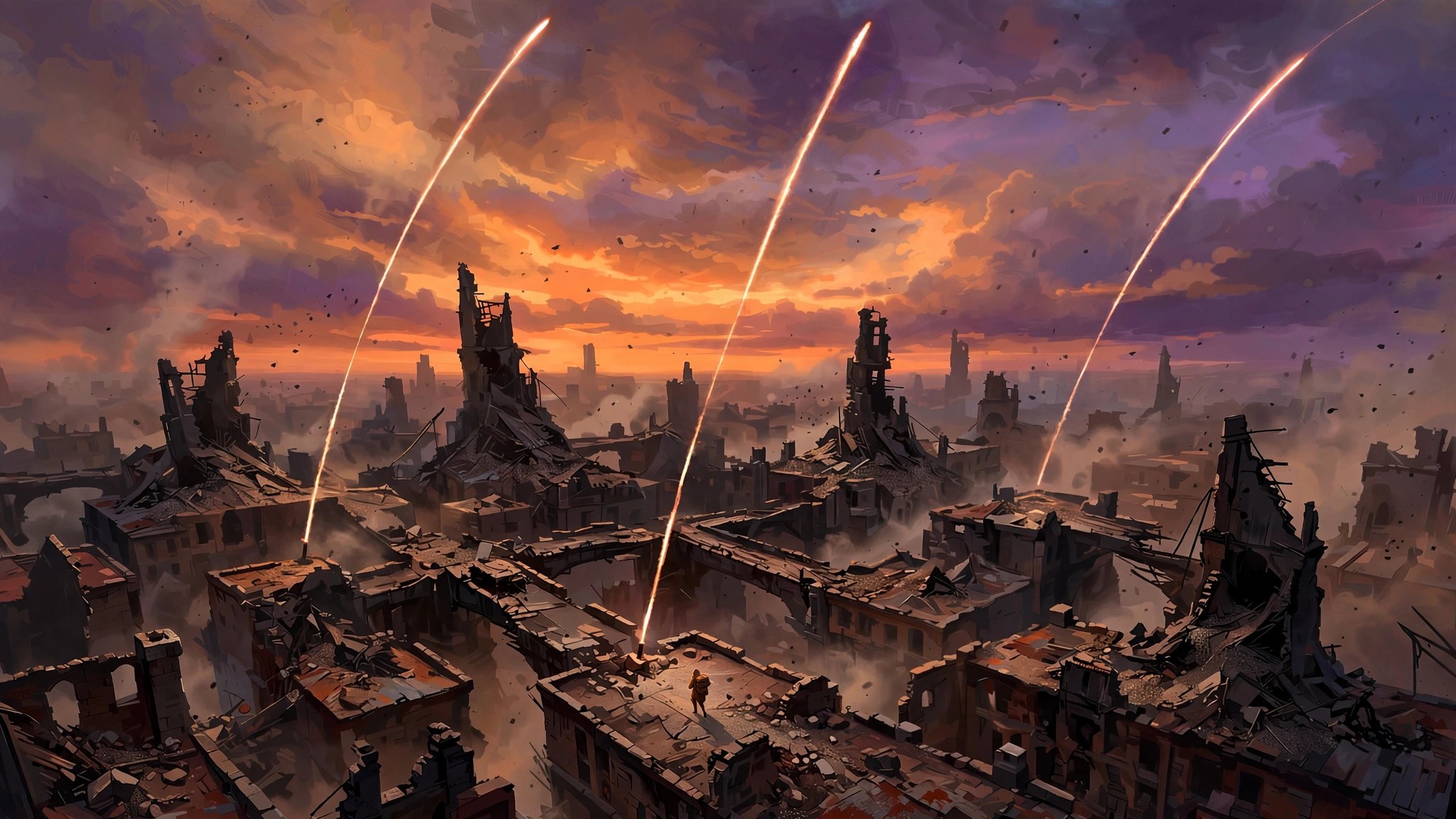 AI-generated illustration of ruined rooftops at sunset with signal flares