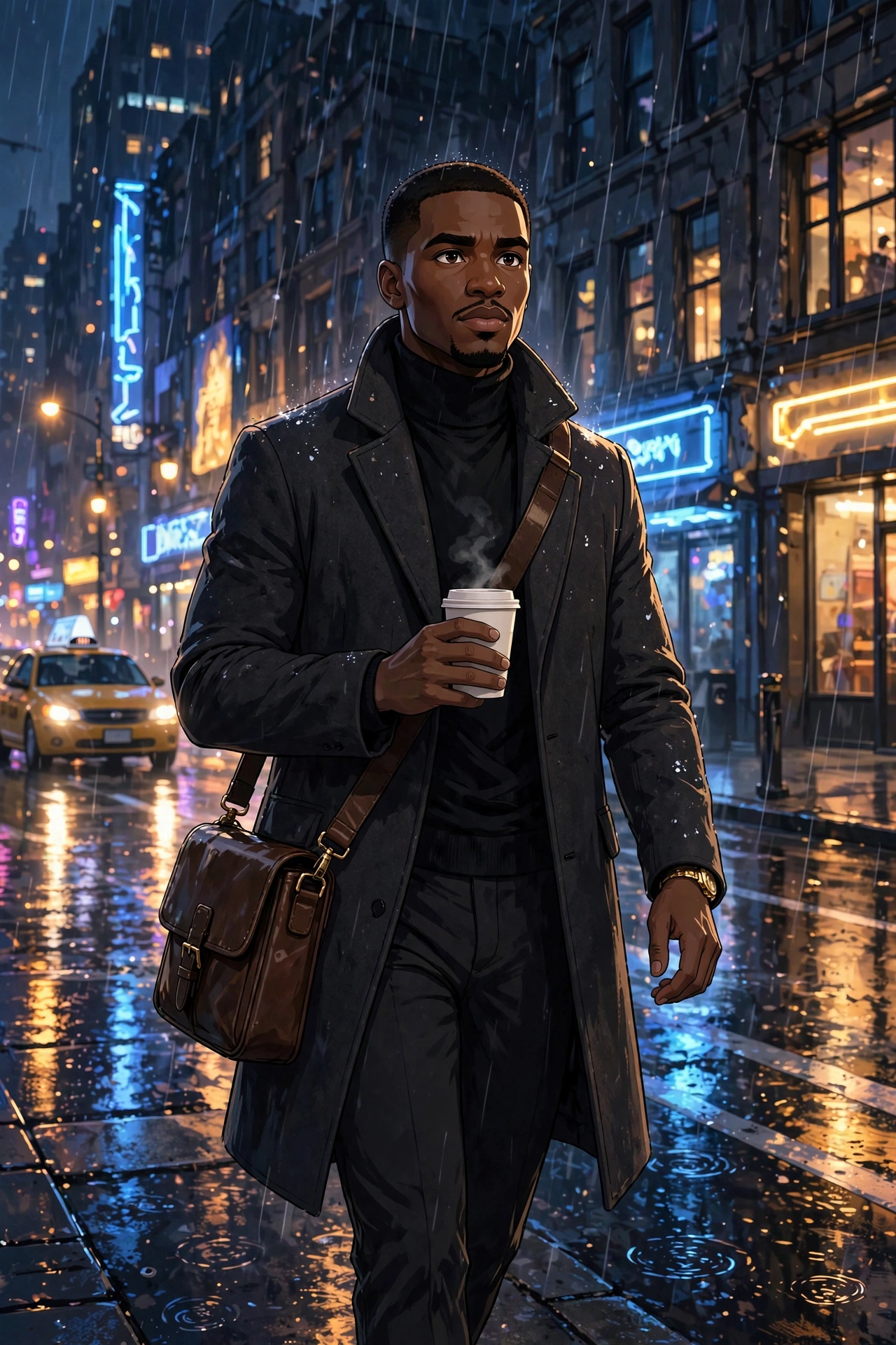 AI-generated scene: Miles Walker walking a rain-slicked street at night with coffee.