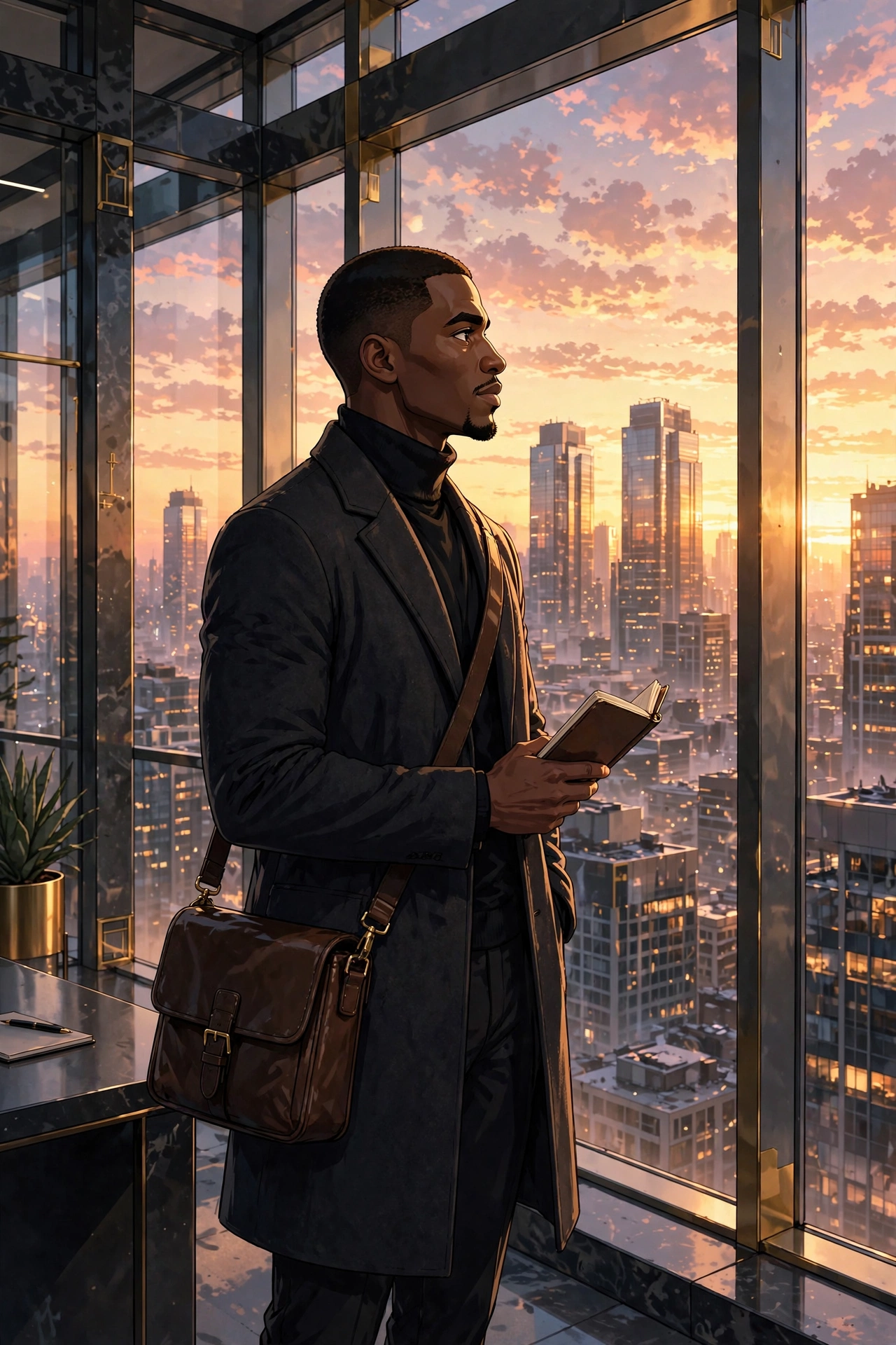 AI-generated scene: Miles Walker at a corner-office window at dawn, holding a notebook.
