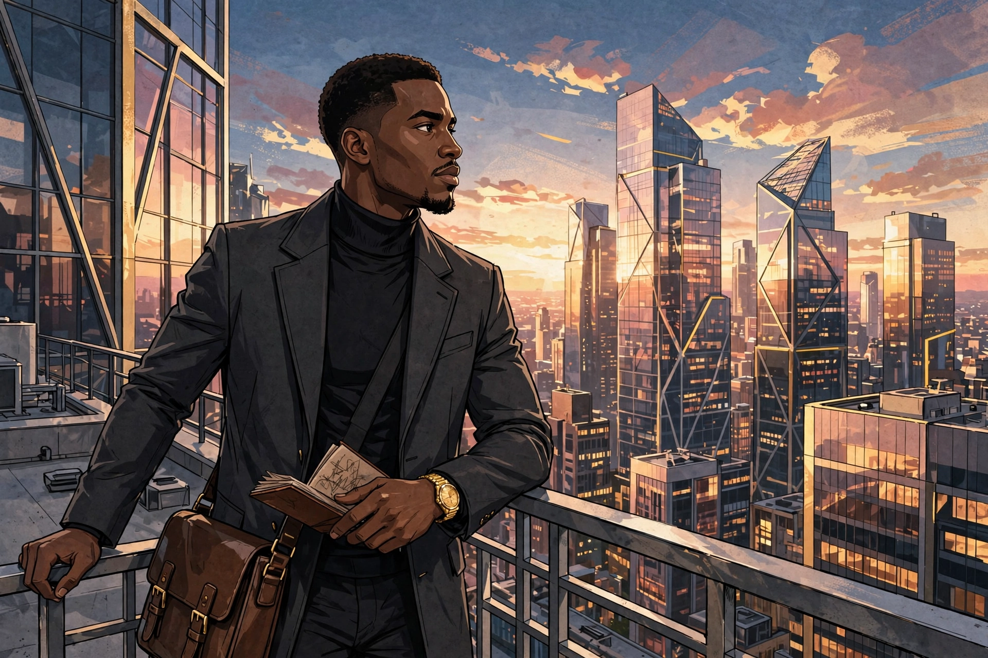 AI-generated scene of Miles Walker on a skyscraper rooftop at dawn, looking over the glowing city of Meridian.