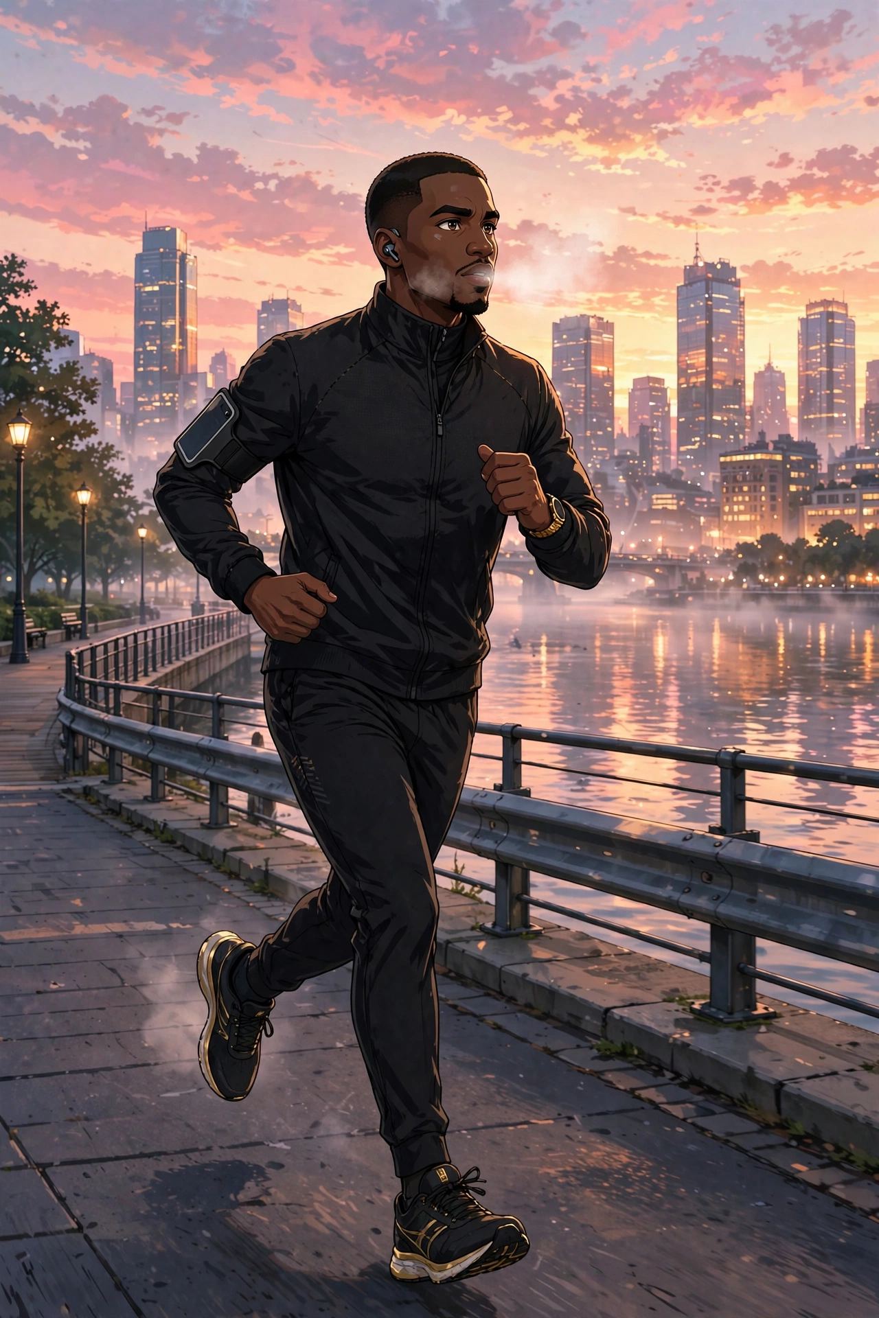 AI-generated scene: Miles Walker on a dawn run along the riverfront promenade.