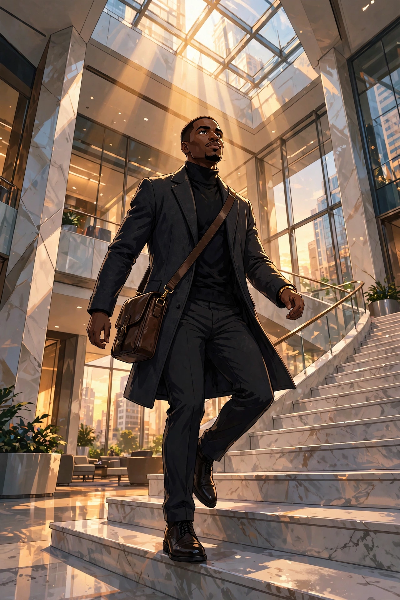 AI-generated scene: Miles Walker climbing a grand marble staircase in a sunlit tower lobby.