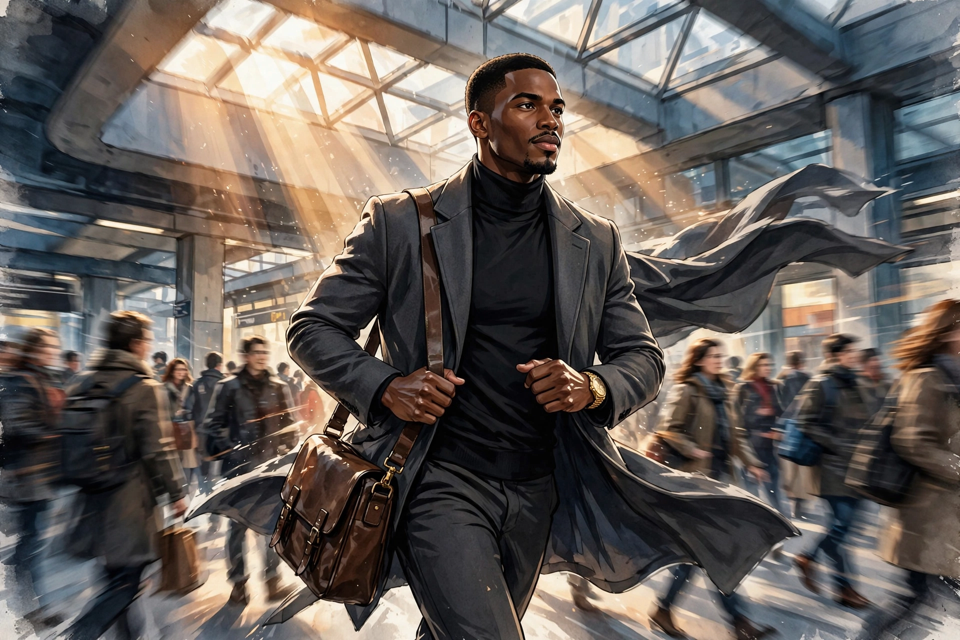 AI-generated scene: Miles Walker striding through a crowded subway station at morning rush hour.
